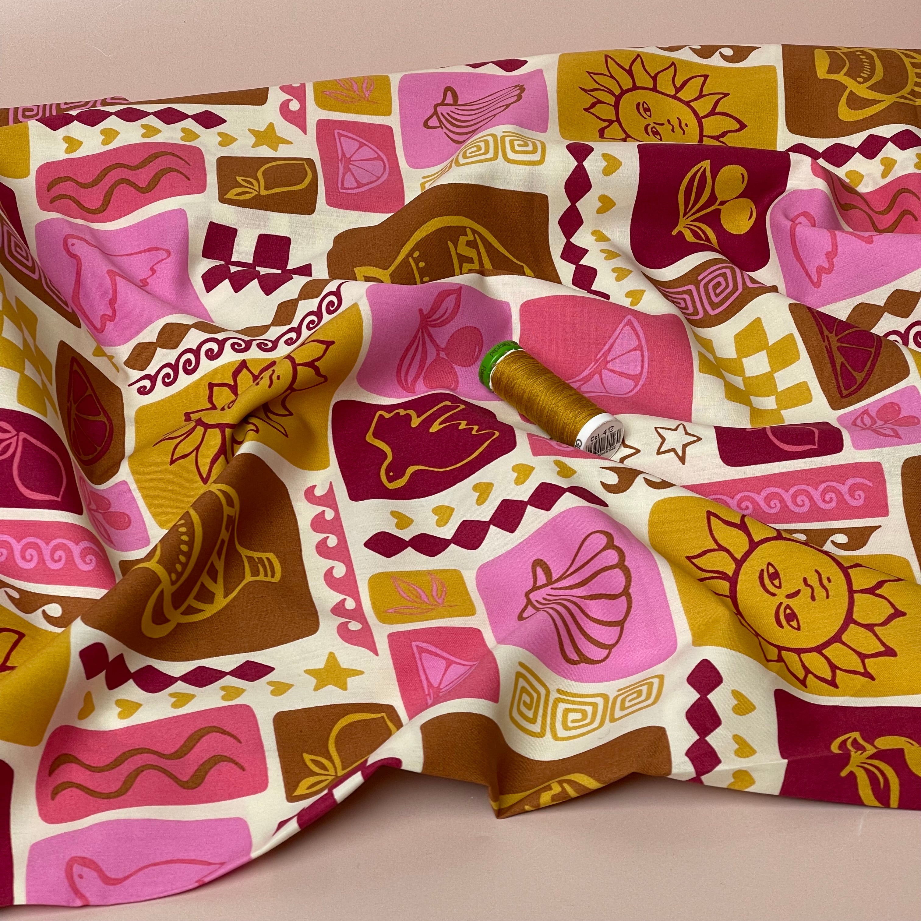 Funky Patchwork Postcard Ochre Fine Cotton Poplin Fabric