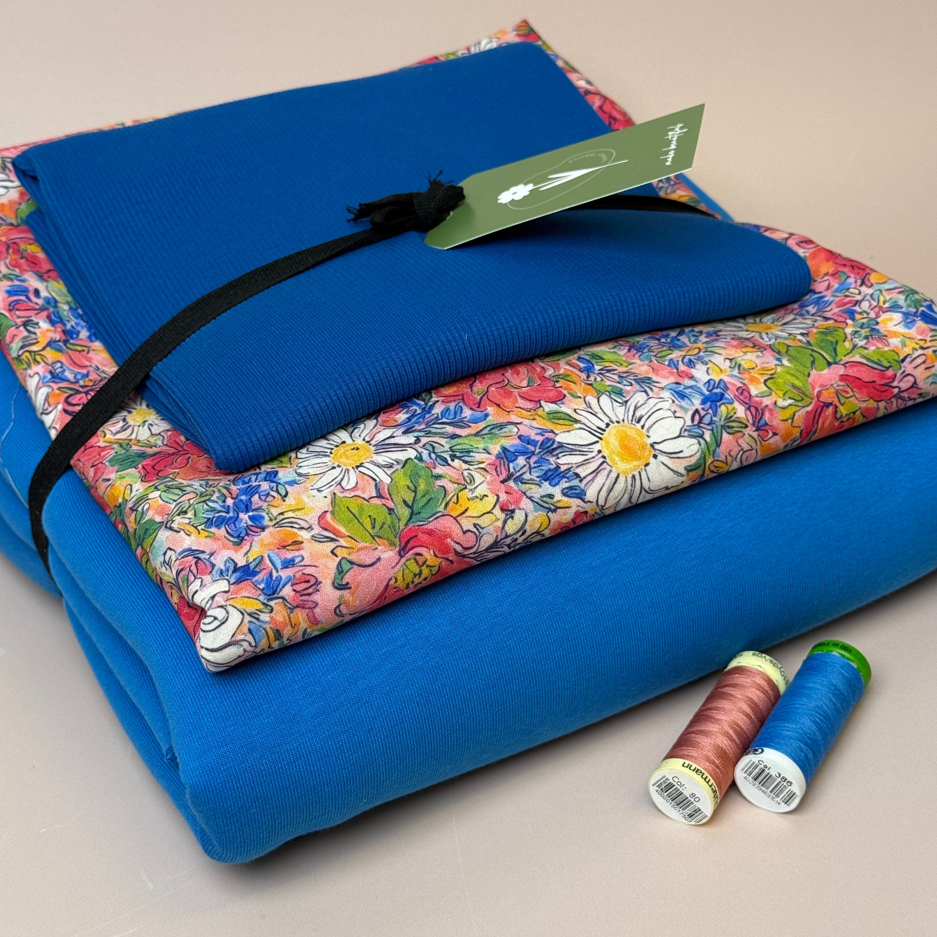 Make an Outfit Colour Bundle - Daisies Viscose & Sweatshirting in Bright Blue with Ribbing