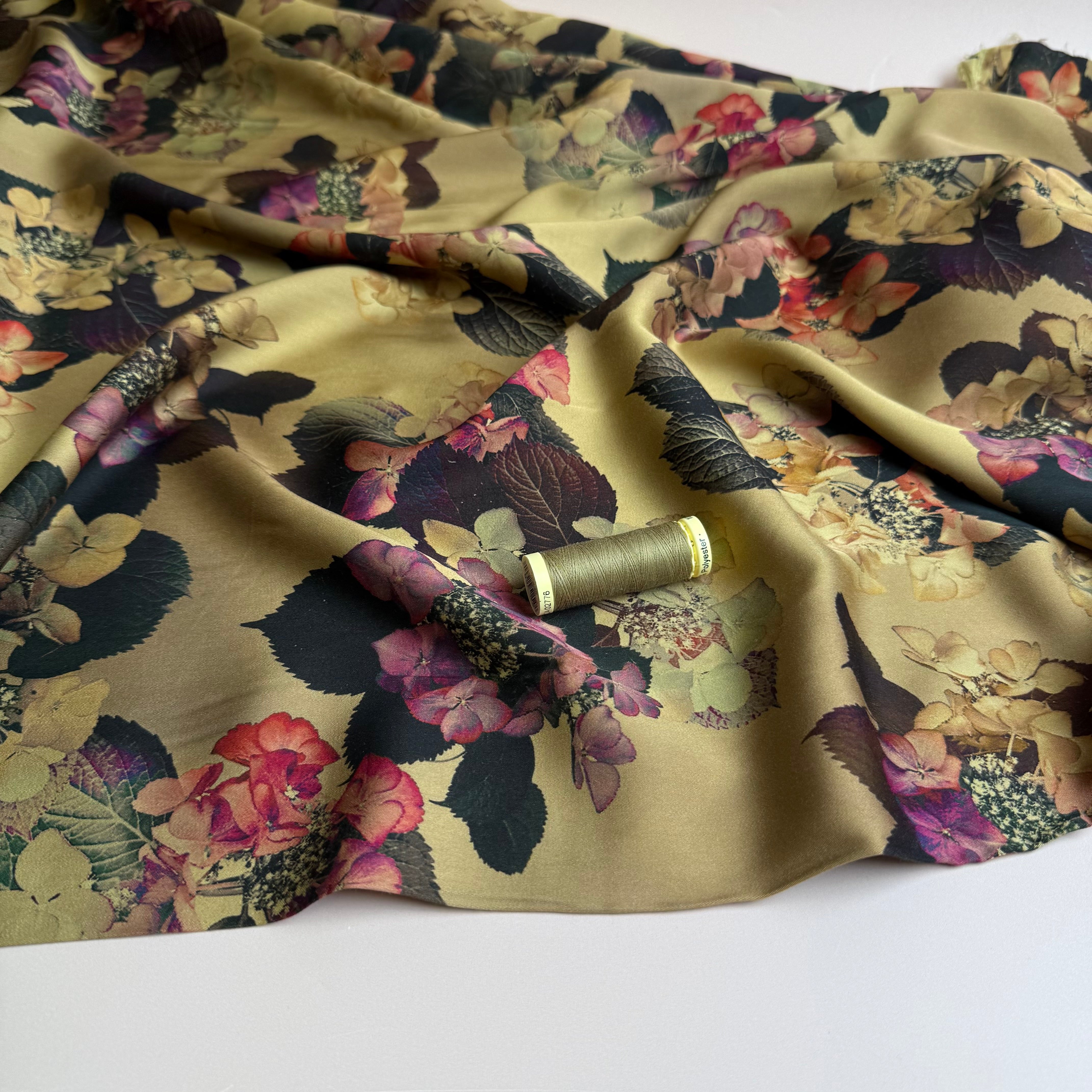 Hydrangeas on Gold Beige Viscose Sateen Fabric
