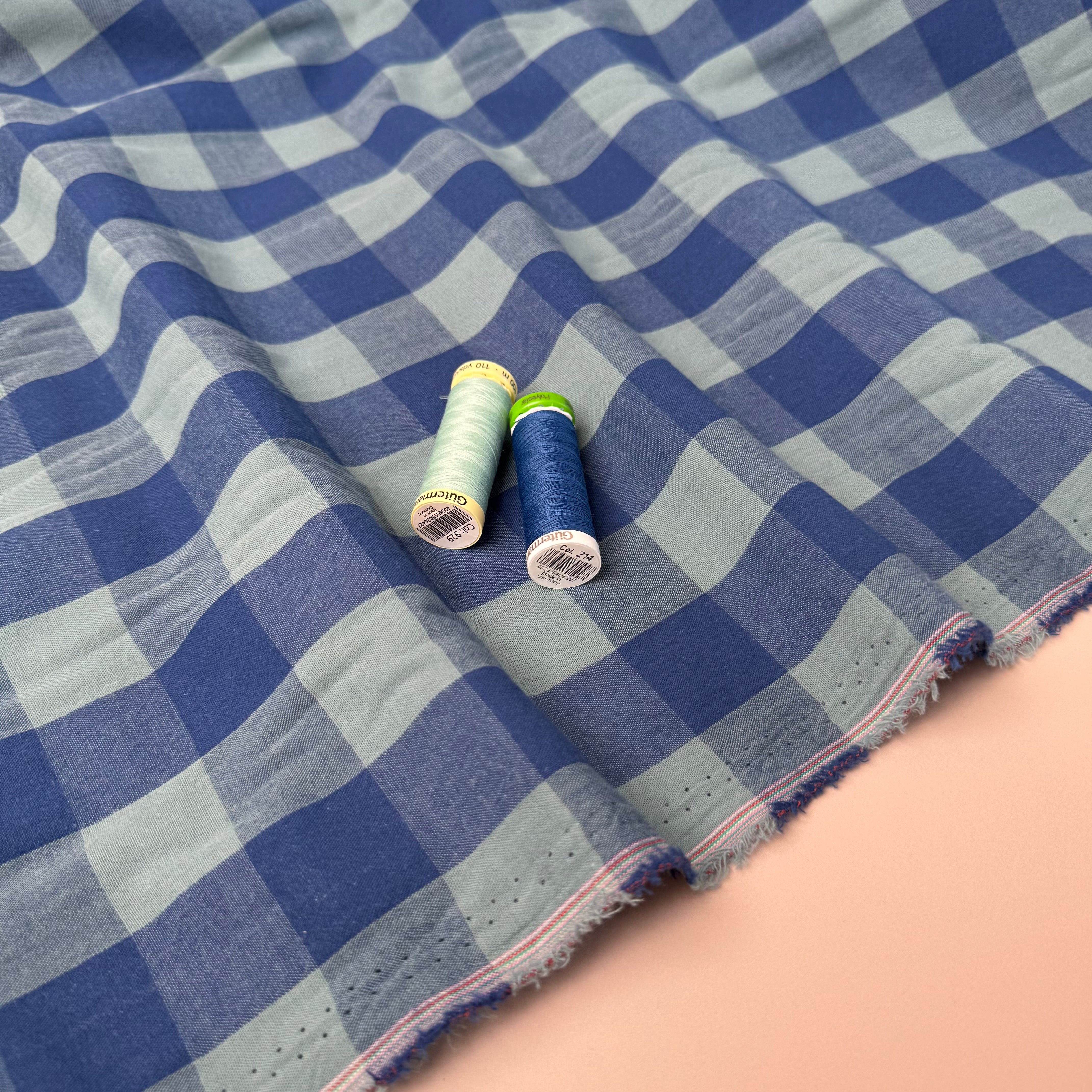 Yarn Dyed Washed Cotton Check Fabric in Blue and Sage Green