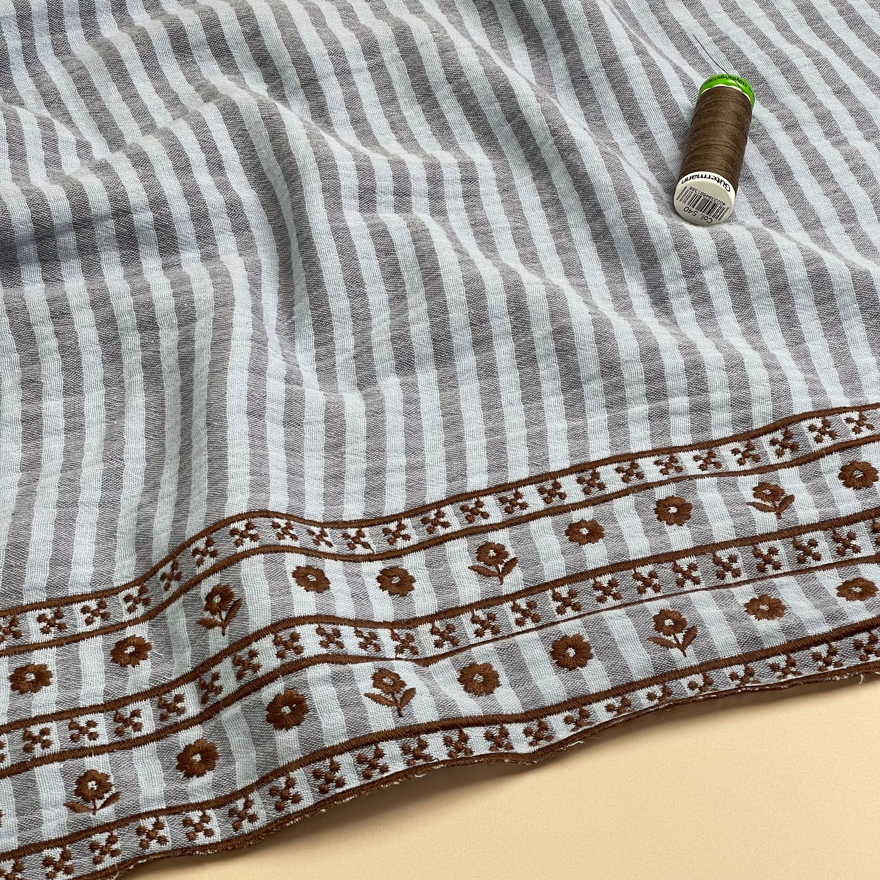 Border Embroidered Yarn Dyed Striped Cotton Double Gauze in Blue