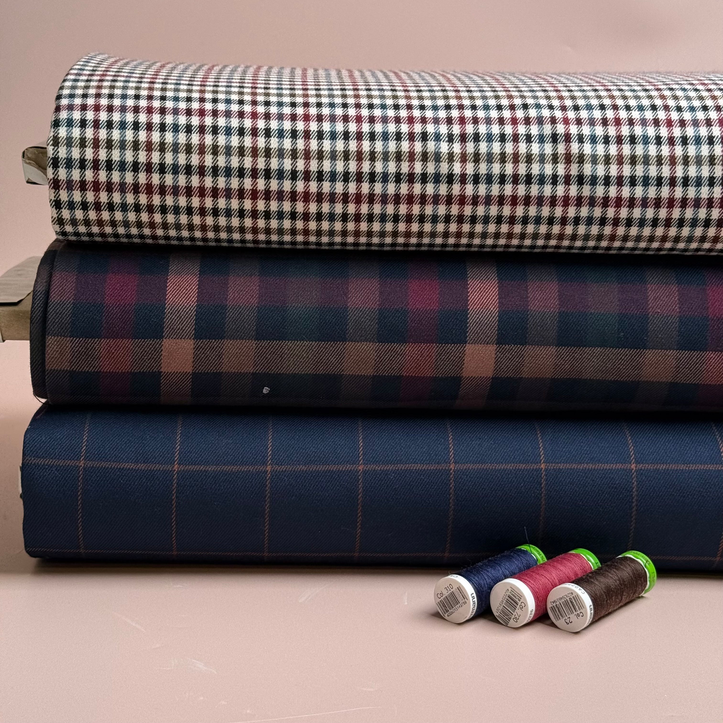 Tartan Check in Navy & Camel Viscose Blend Trouser Fabric