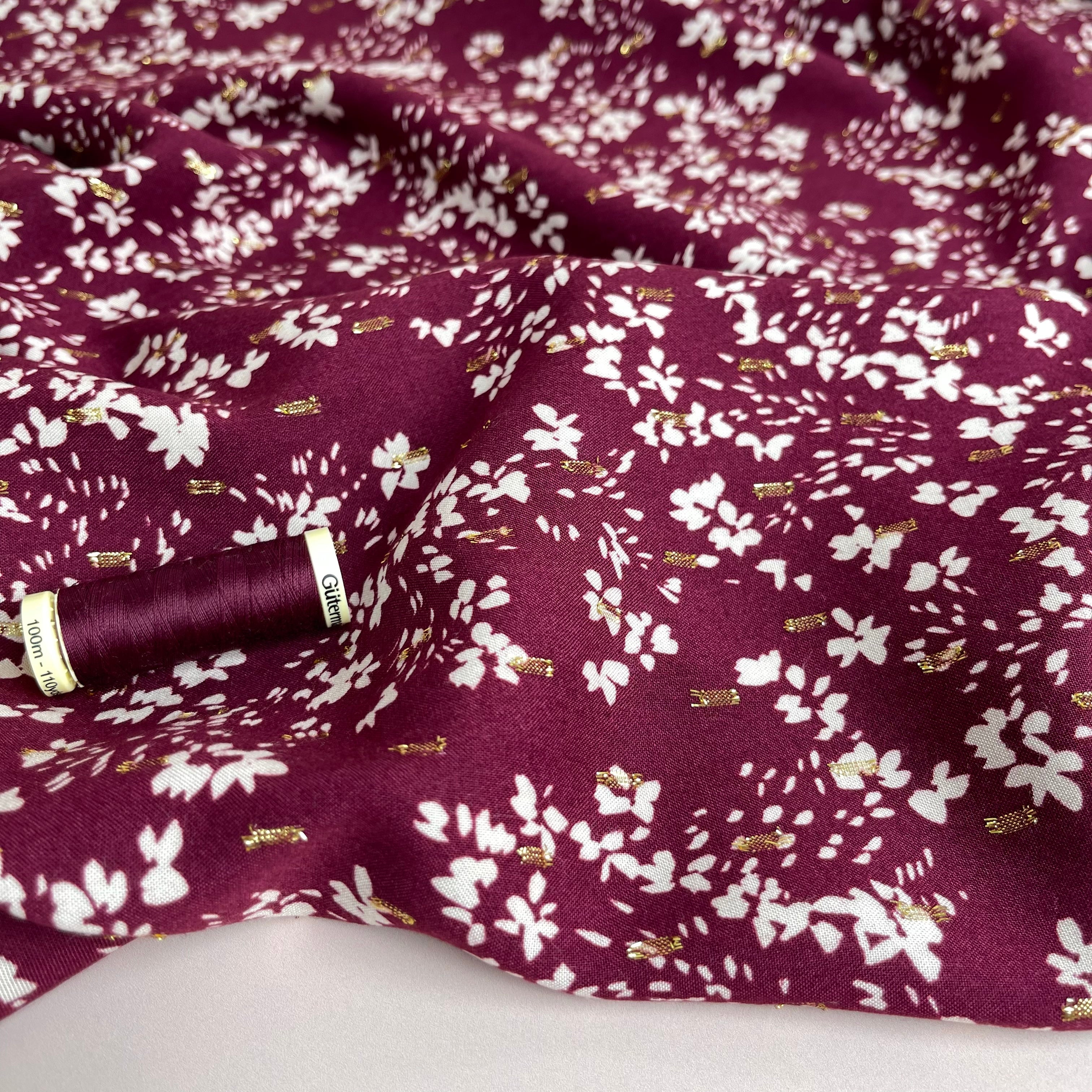 Sparkle Flowers on Maroon Viscose Fabric