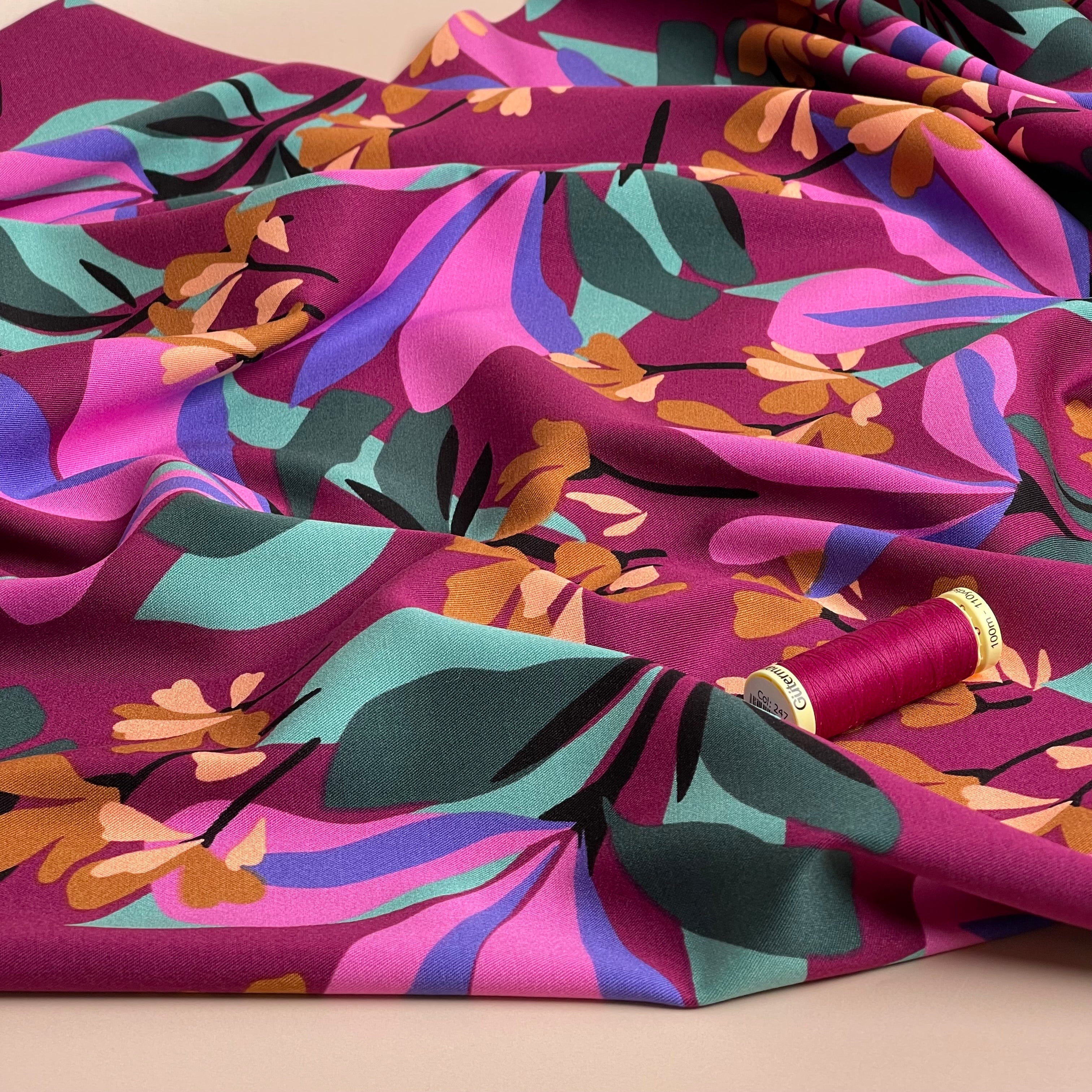 Nerida Hansen - Rosella Spring Garden on Plum Stretch Viscose Twill Fabric