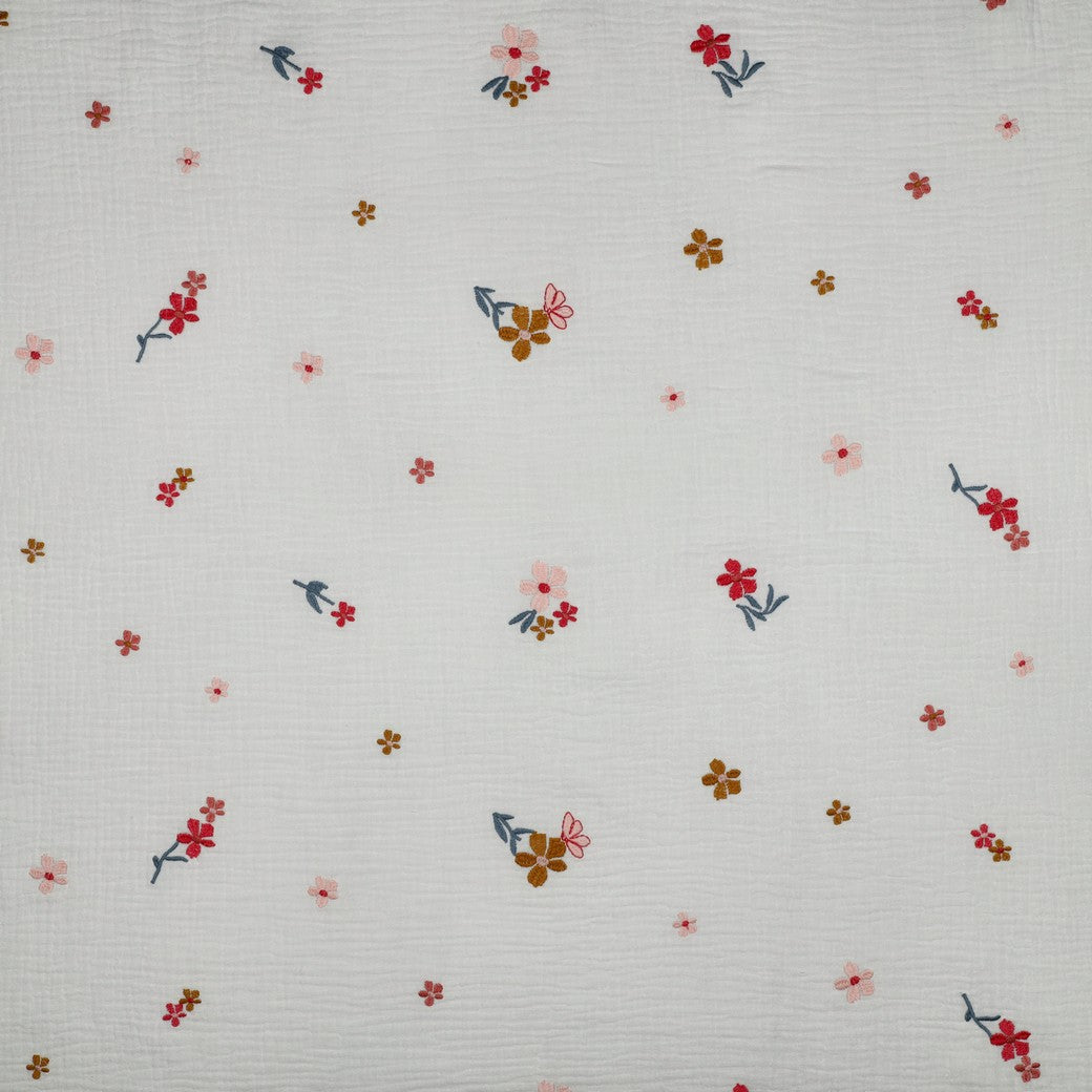 Embroidered Autumn Flowers on White Cotton Double Gauze