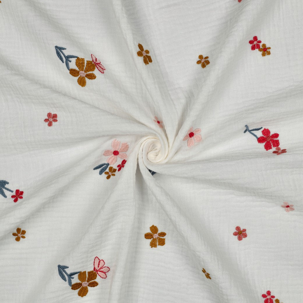 Embroidered Autumn Flowers on White Cotton Double Gauze