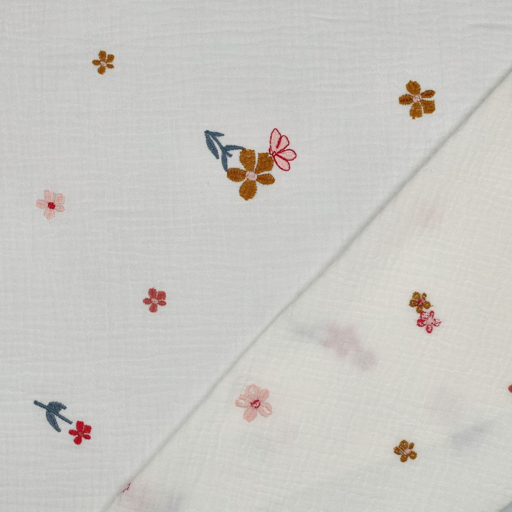 Embroidered Autumn Flowers on White Cotton Double Gauze