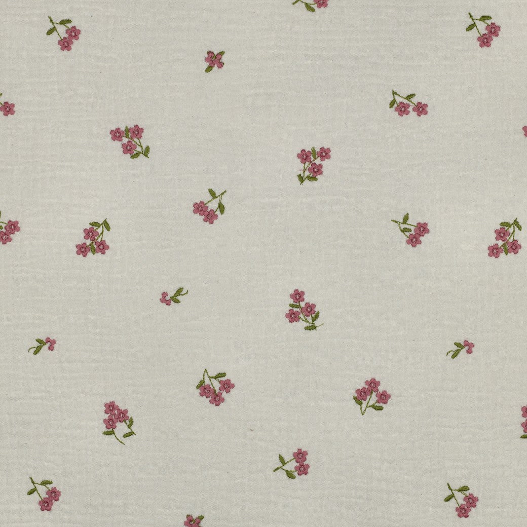 Embroidered Pink Flowers on Natural Cotton Double Gauze