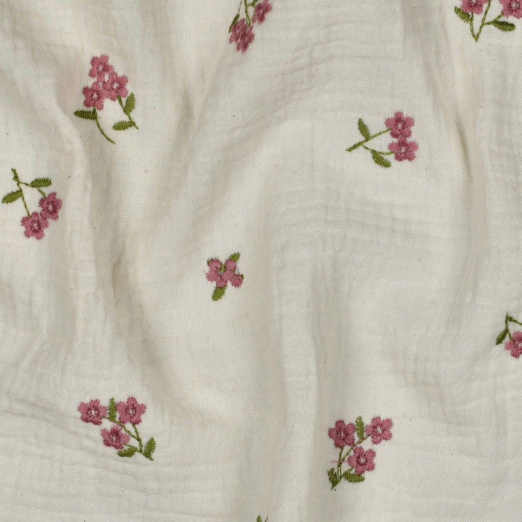 Embroidered Pink Flowers on Natural Cotton Double Gauze