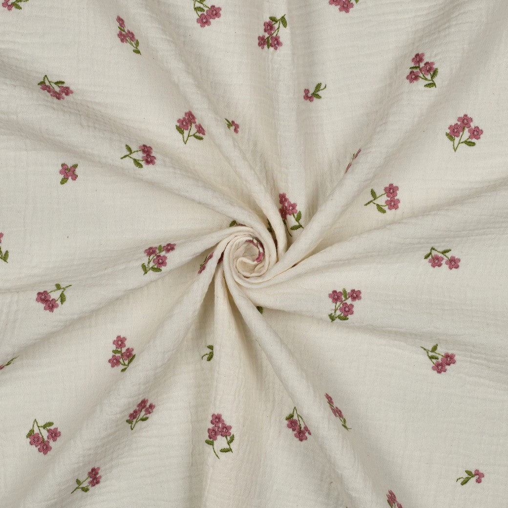 Embroidered Pink Flowers on Natural Cotton Double Gauze