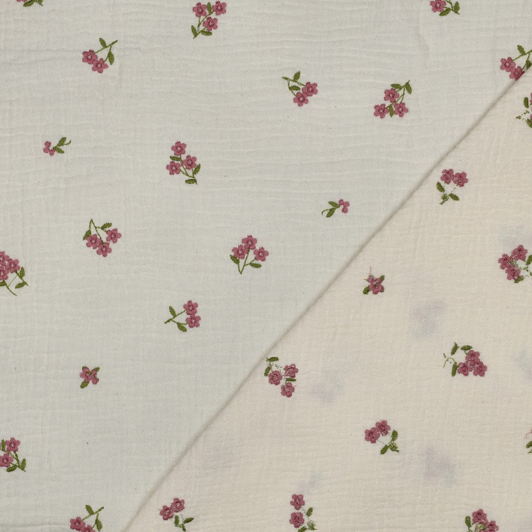 Embroidered Pink Flowers on Natural Cotton Double Gauze