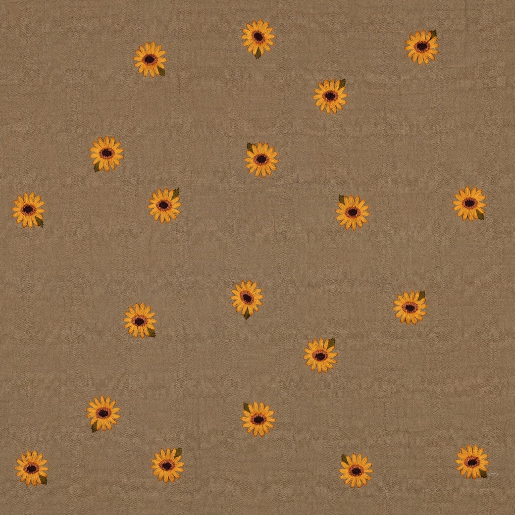 Embroidered Sunflowers on Beige Cotton Double Gauze