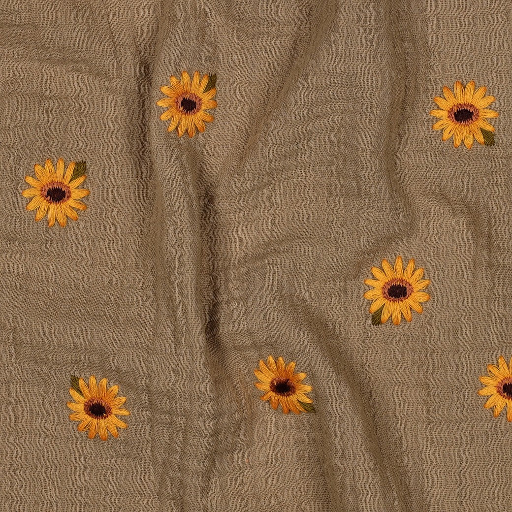 Embroidered Sunflowers on Beige Cotton Double Gauze