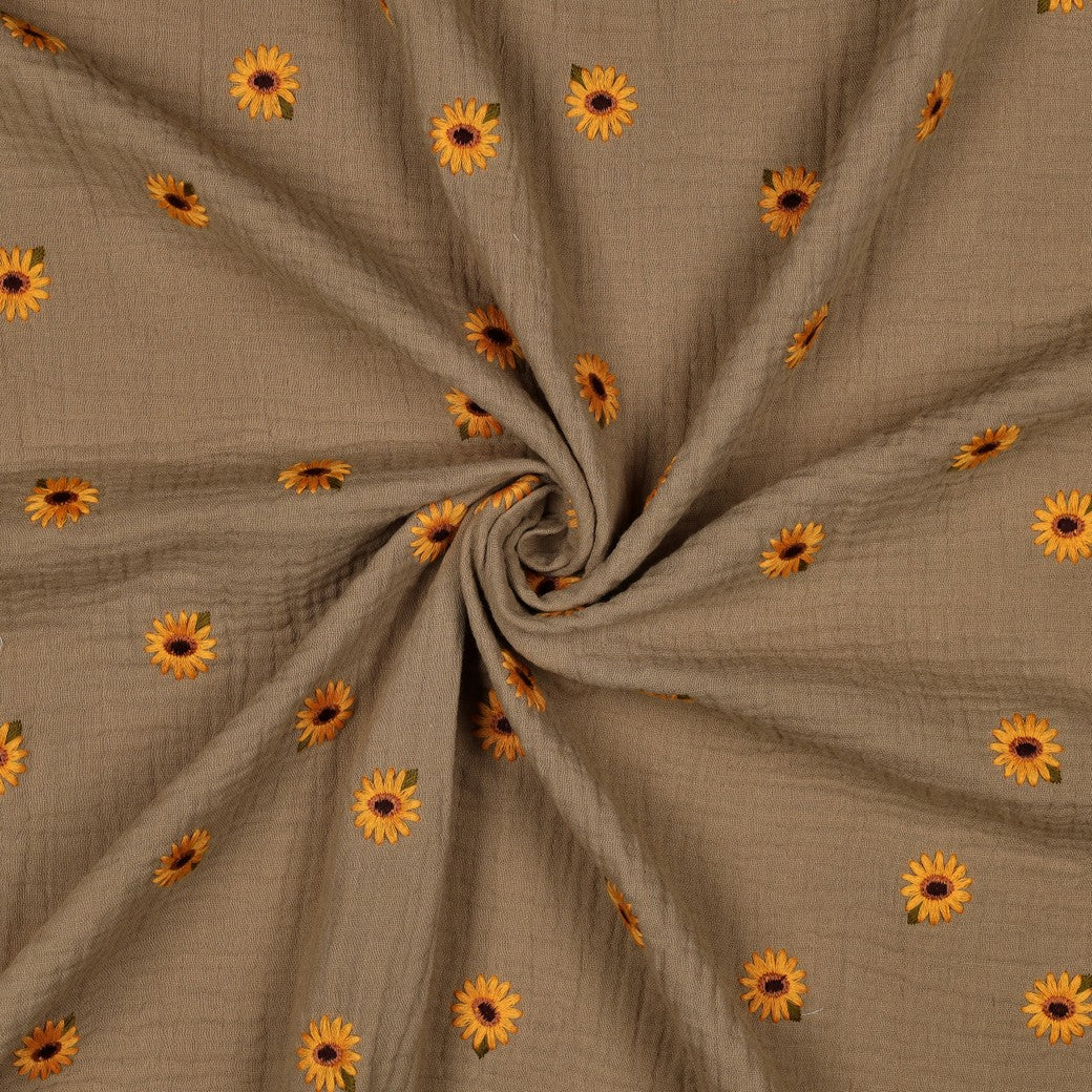 Embroidered Sunflowers on Beige Cotton Double Gauze