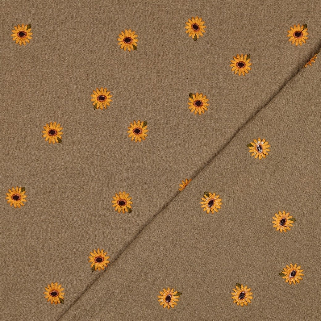 Embroidered Sunflowers on Beige Cotton Double Gauze