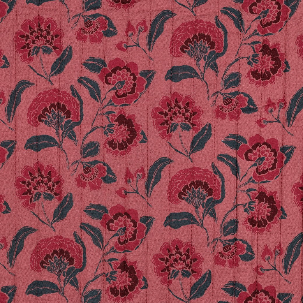 Ornamental Flowers in Coral Pink Quilted Cotton Gauze