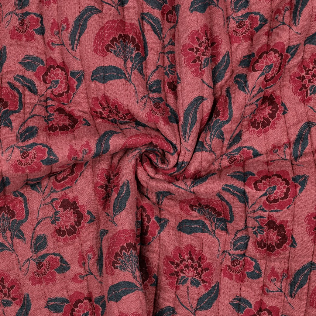 Ornamental Flowers in Coral Pink Quilted Cotton Gauze