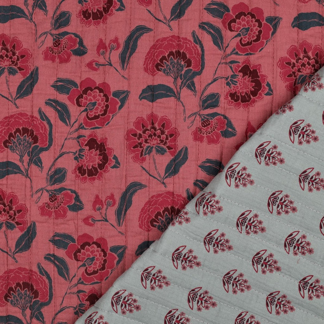Ornamental Flowers in Coral Pink Quilted Cotton Gauze