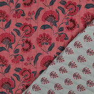 REMNANT 0.33 Metre - Ornamental Flowers in Coral Pink Quilted Cotton Gauze