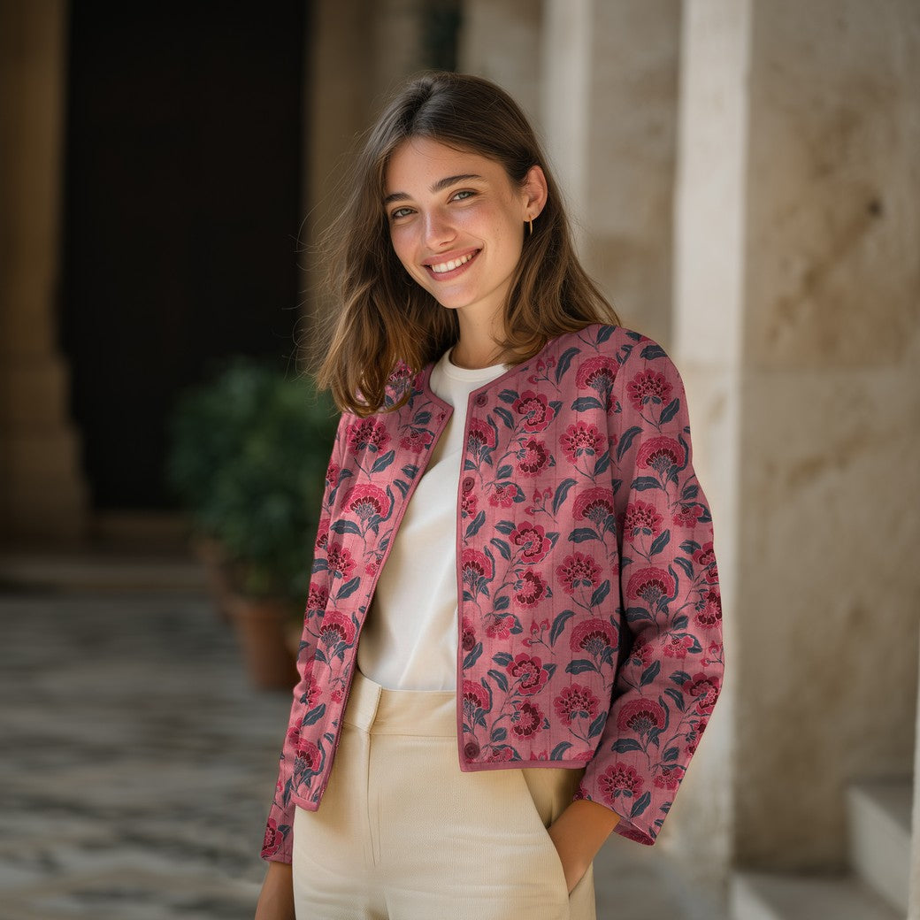 Ornamental Flowers in Coral Pink Quilted Cotton Gauze