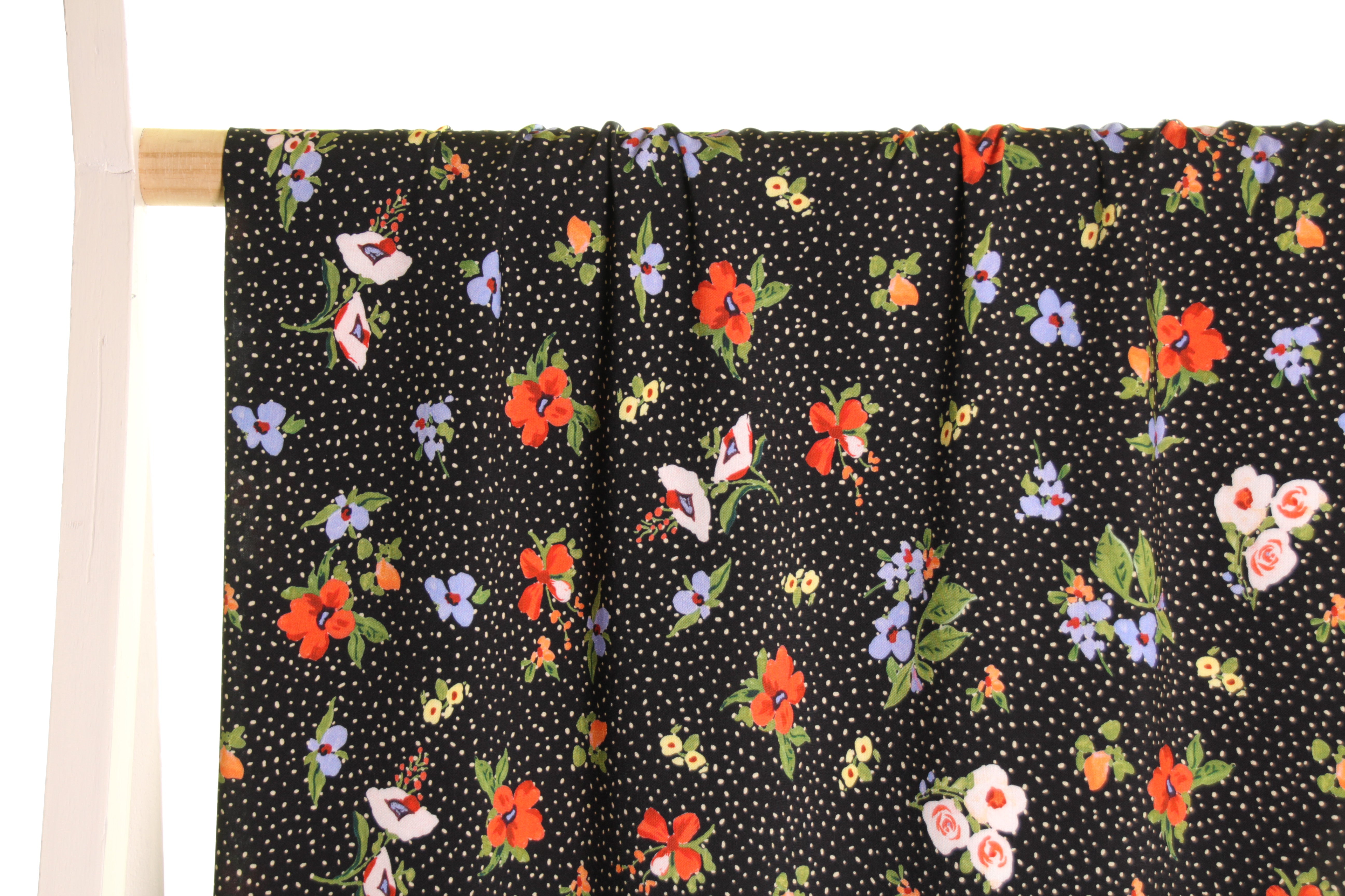 Atelier Jupe - Dots & Flowers on Black Cotton Fabric
