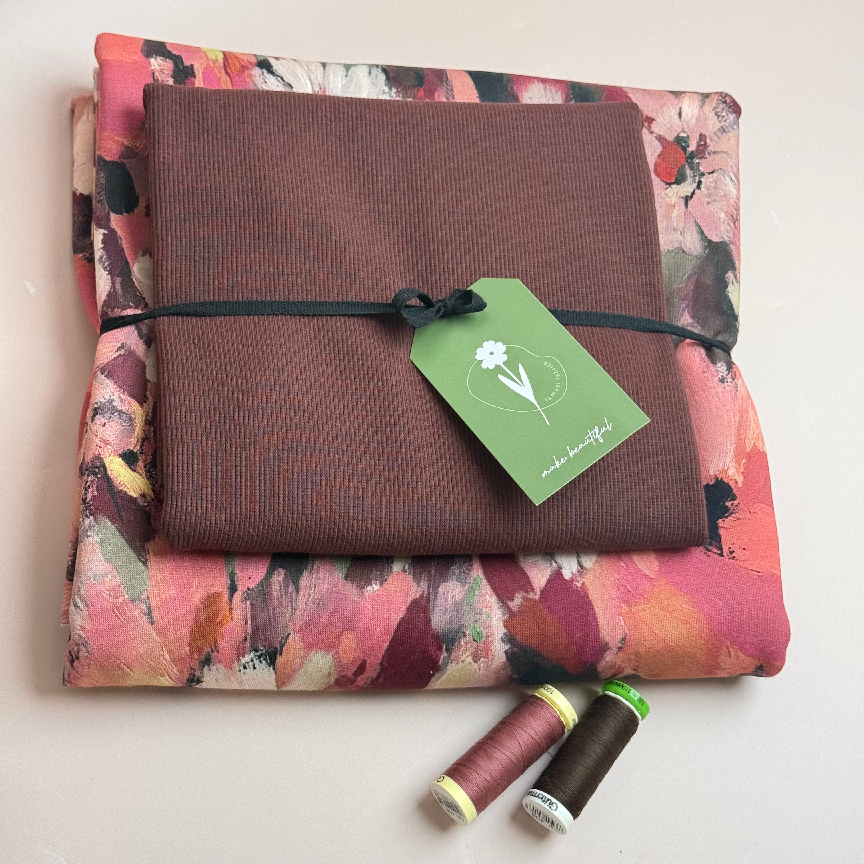 Colour Bundles - Painted Florals Burgundy Cotton French Terry & Matching Ribbing