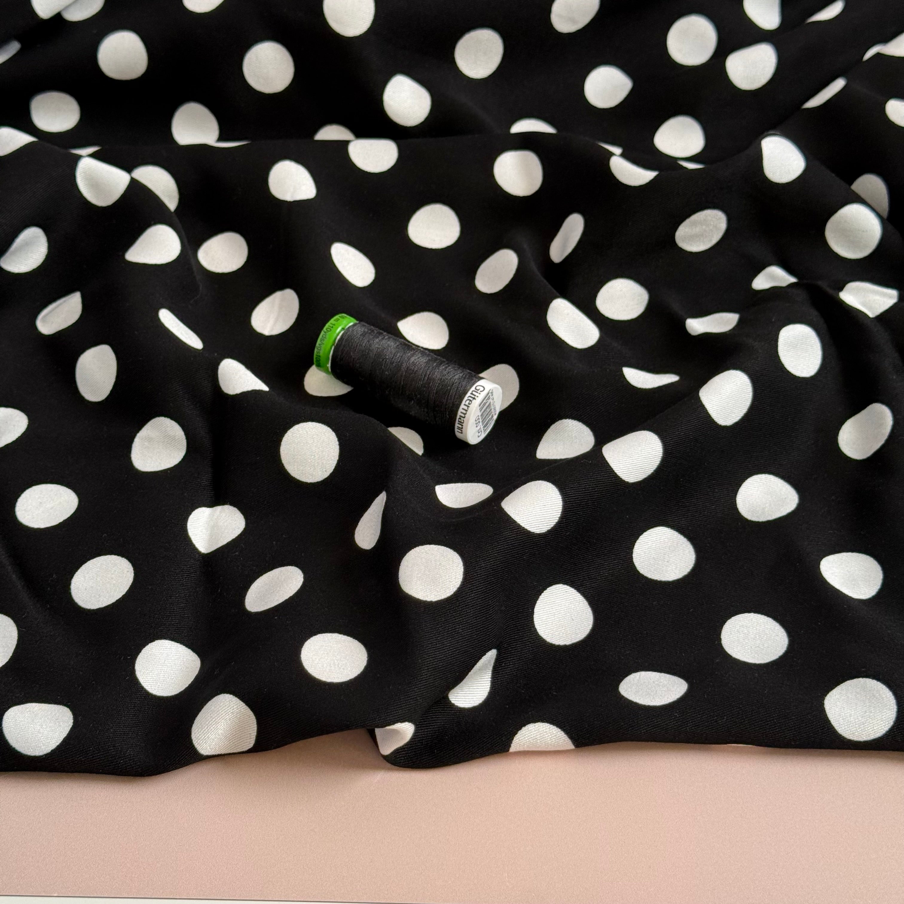 Classic Polka Black Viscose Twill Fabric