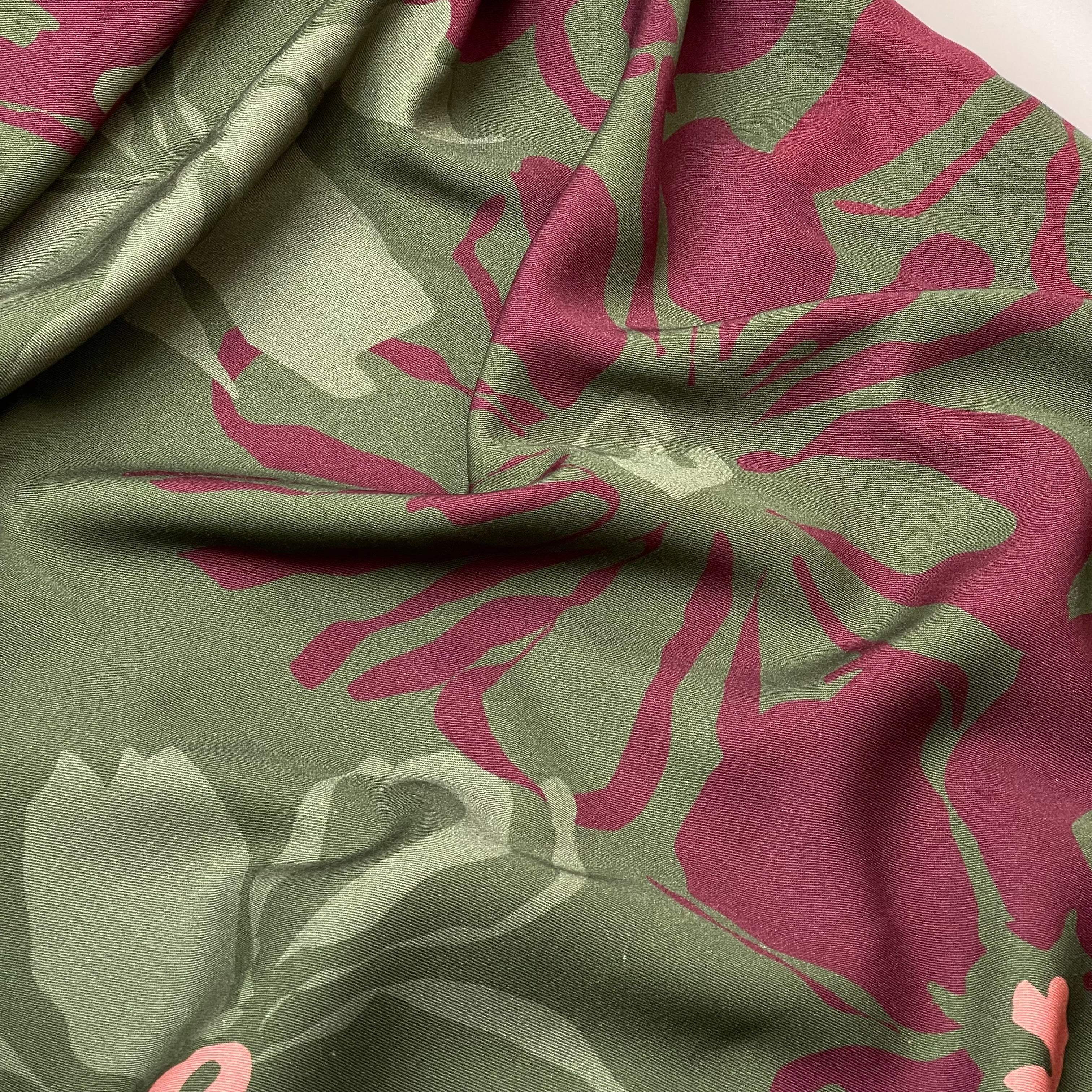 Light & Lush - Burgundy Flowers on Khaki Viscose Twill Fabric