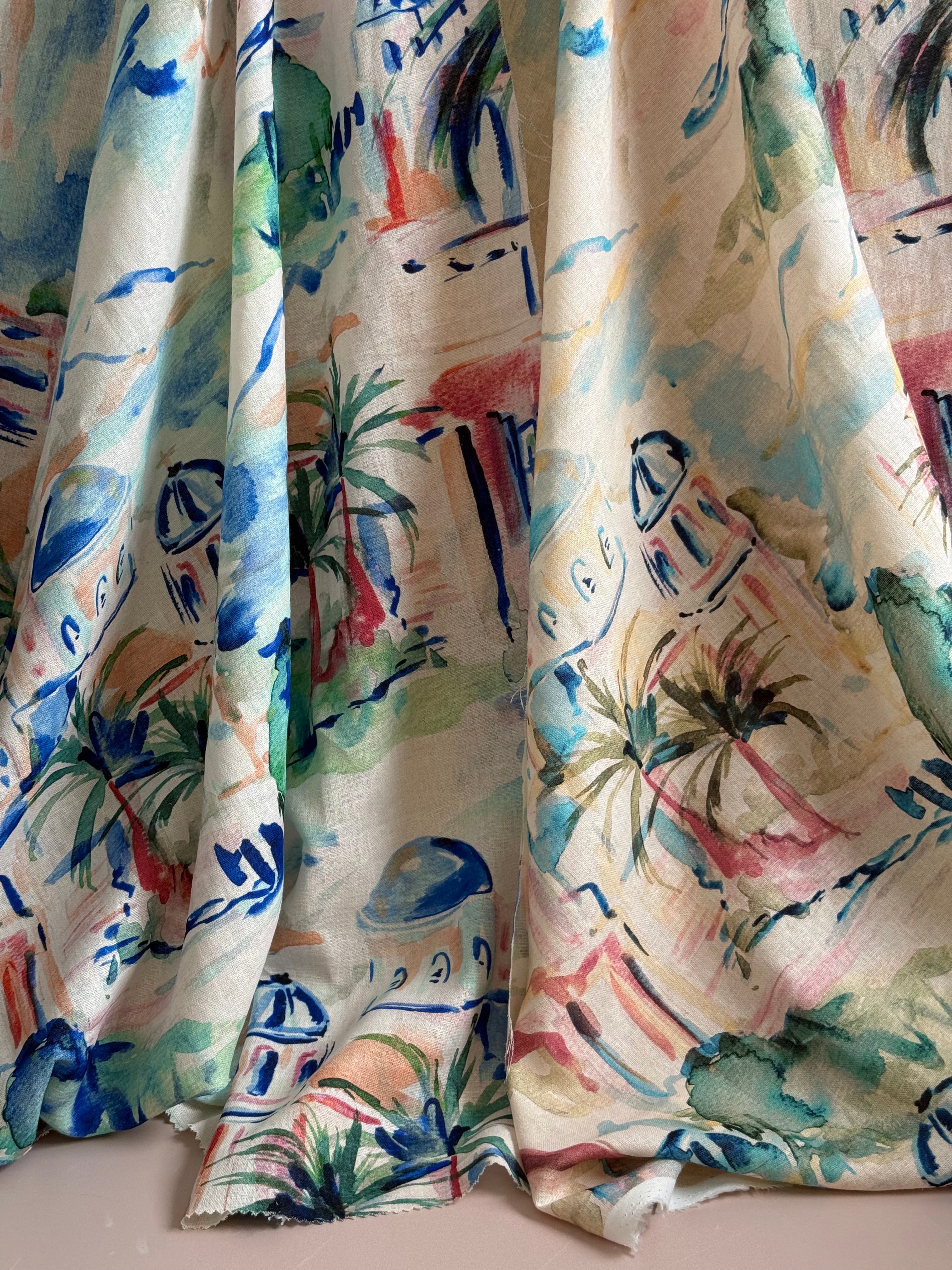 PRE-ORDER - arriving by end of August - Riviera Landscape Cobalt Linen Viscose Blend Fabric