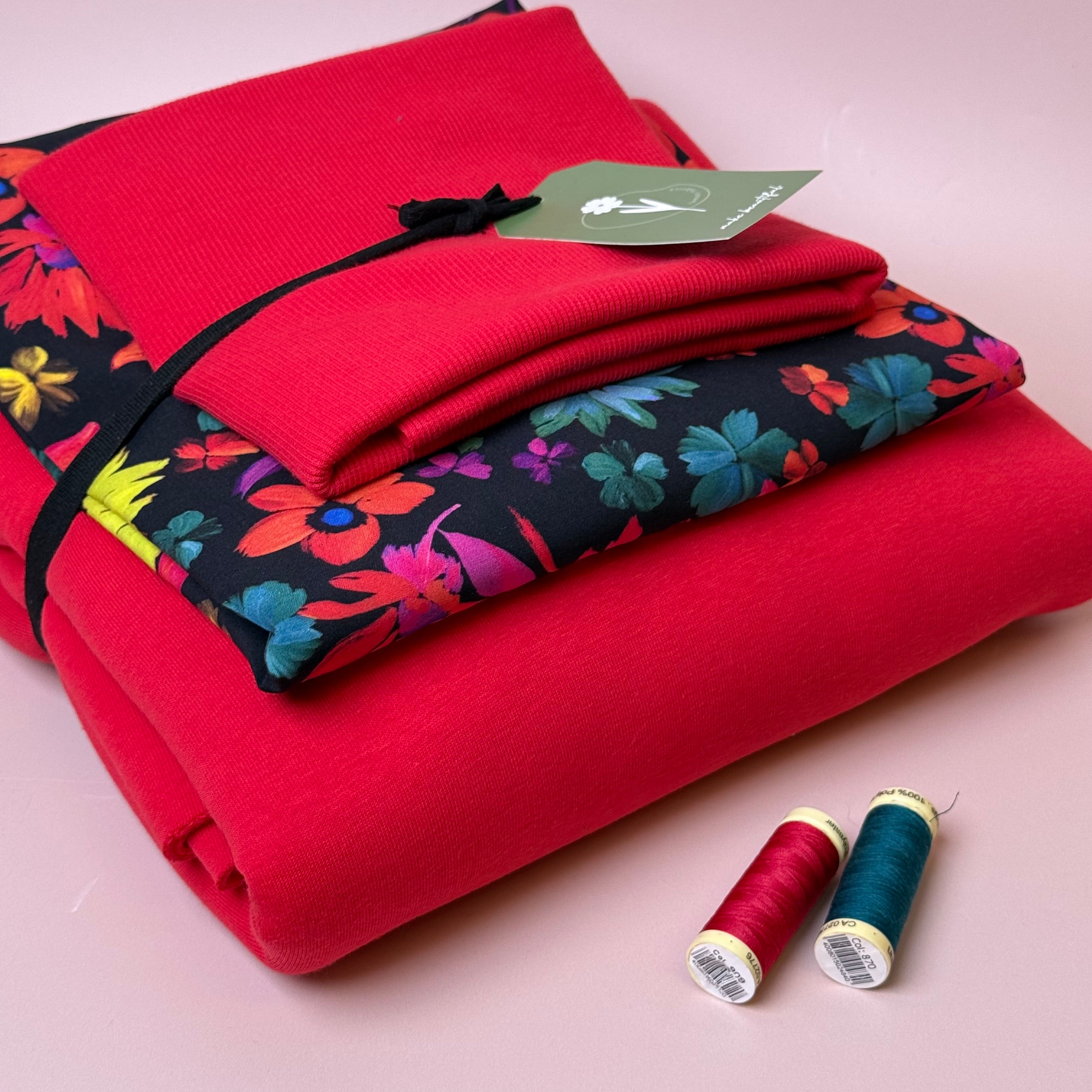 Make an Outfit Colour Bundle - Dopamine Flowers Viscose & Sweatshirting in Red with Ribbing