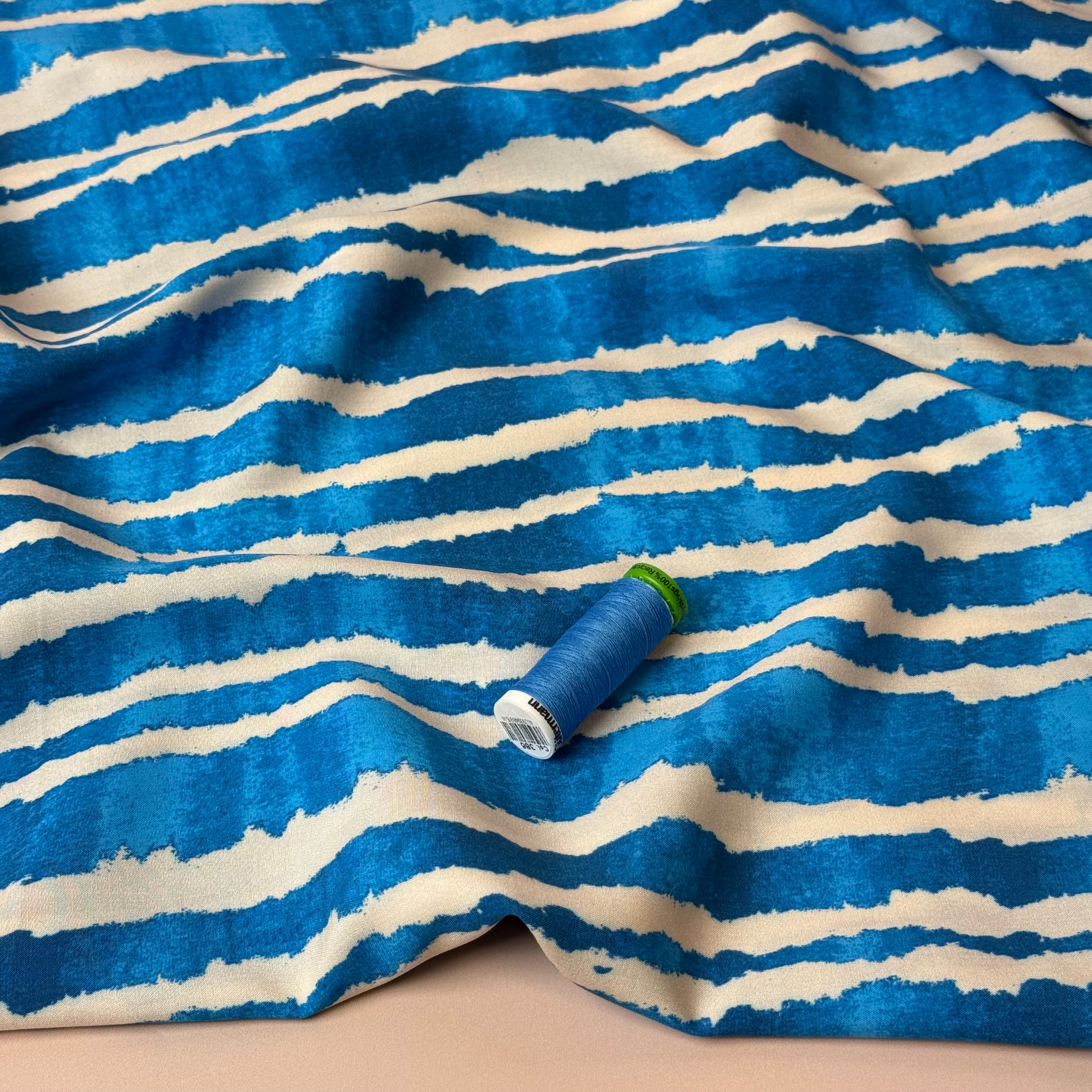 Hazy Stripes Ocean Viscose Poplin Fabric