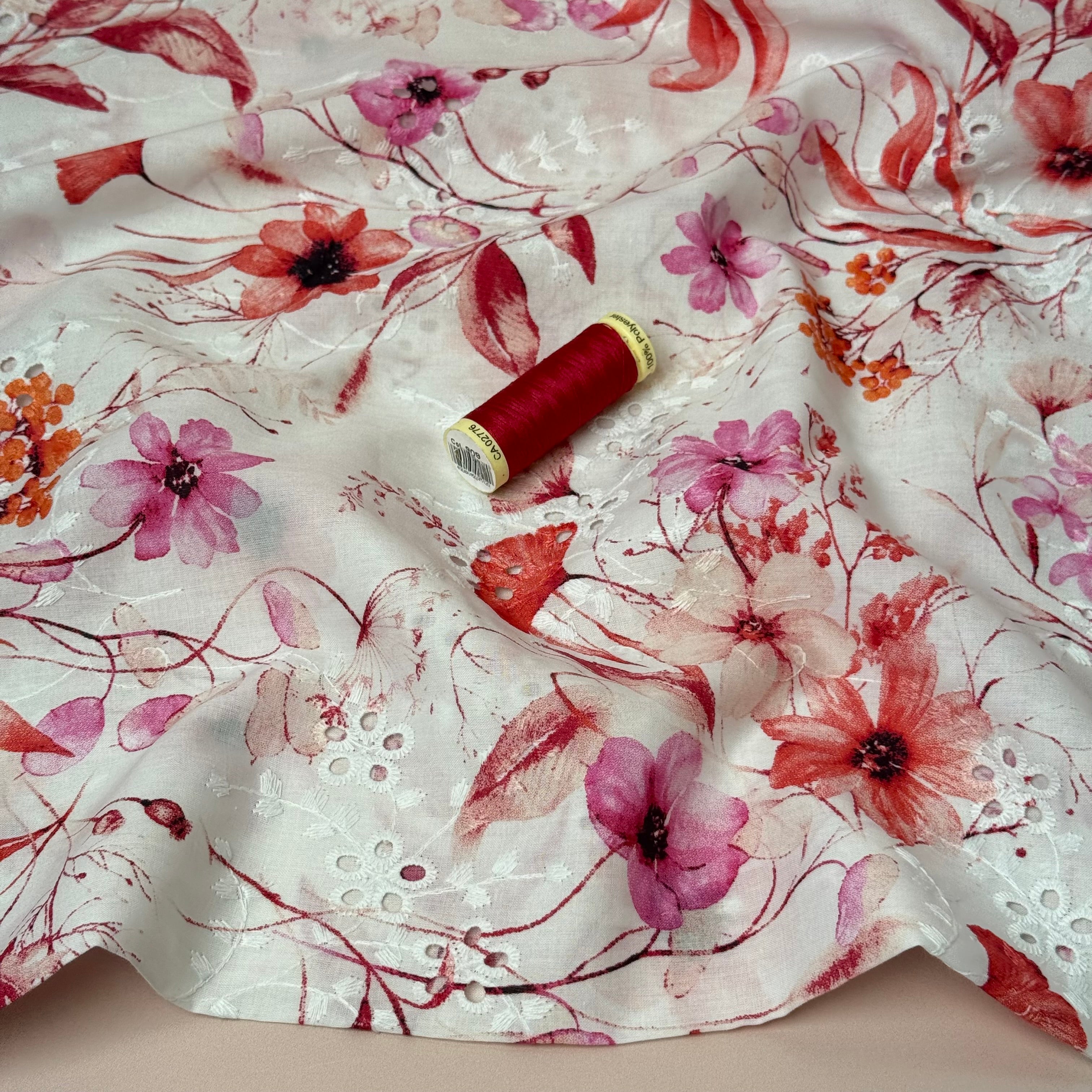 Red & Pink Flowers on Embroidered White Cotton Voile Fabric