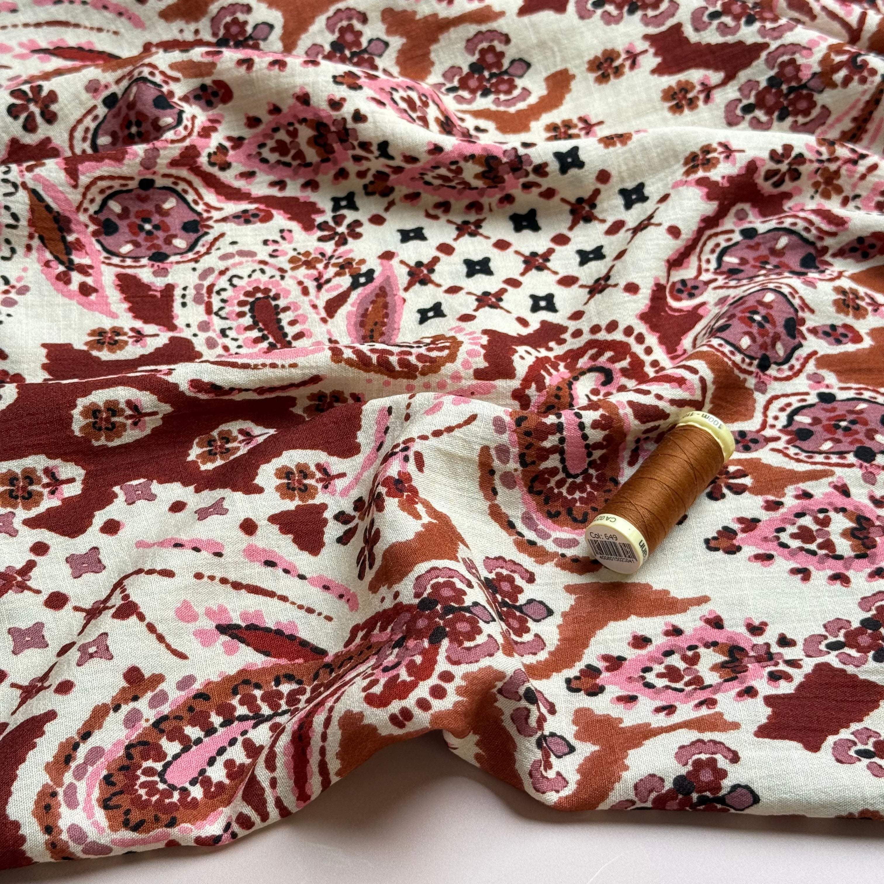 Deadstock - Autumn Paisley Rust Textured Viscose Fabric