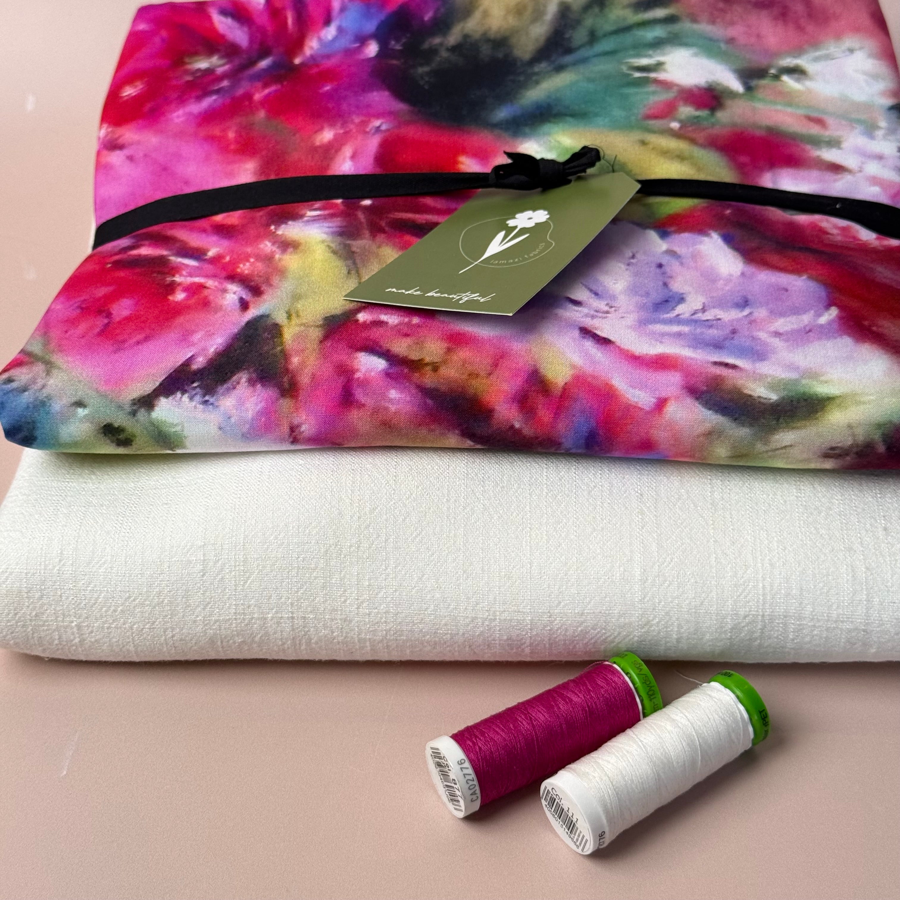 Make an Outfit Colour Bundle - Abstract Watercolour Florals Viscose with Off-White Flow Linen Blend