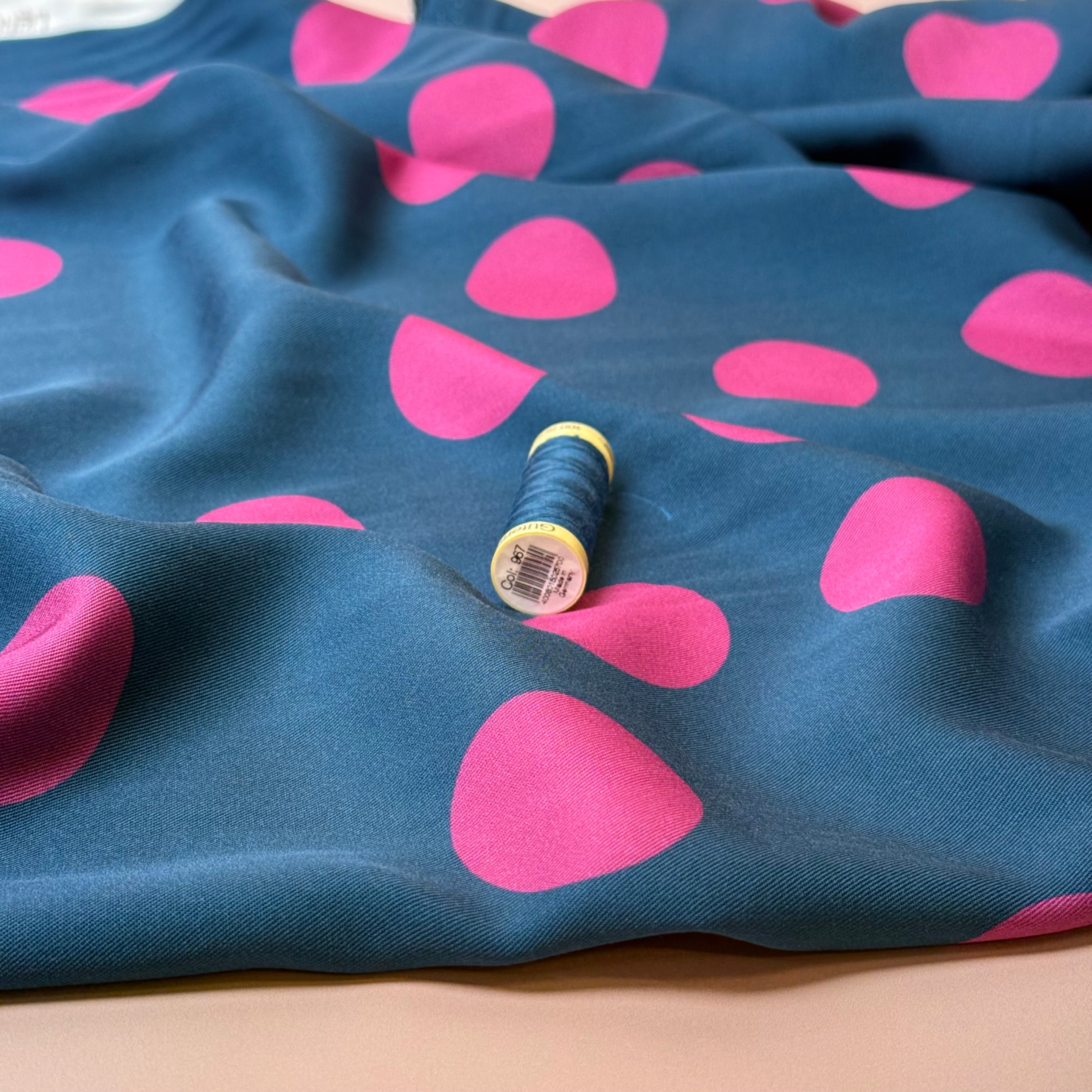 Light & Lush - Large Polka Dots in Pink on Blue Viscose Twill Fabric