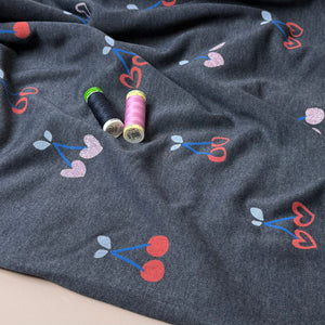 Glitter Cherries on Melange Dark Navy Cotton Sweat-shirting Fabric