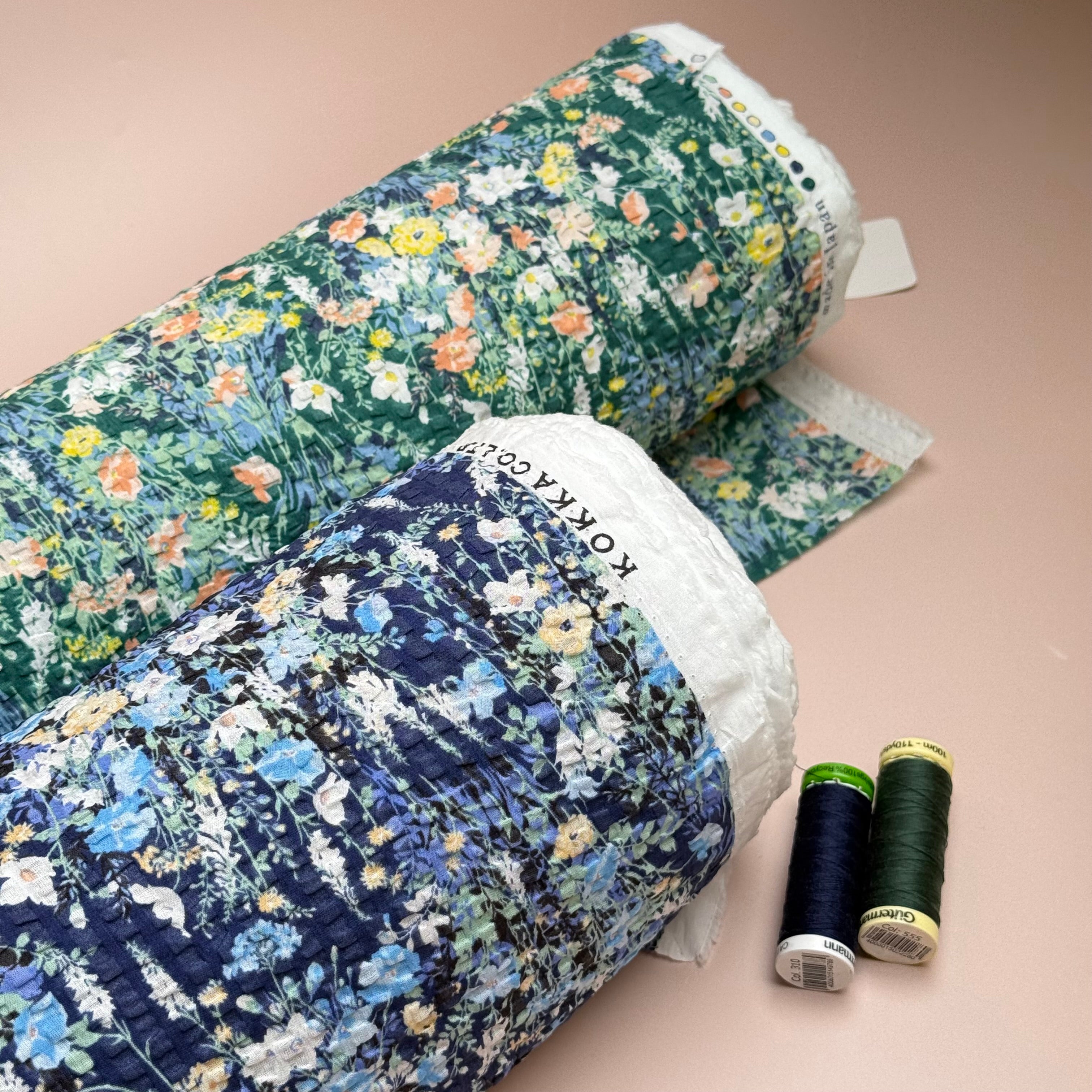 Kokka - Dainty Floral in Green Japanese Cotton Seersucker