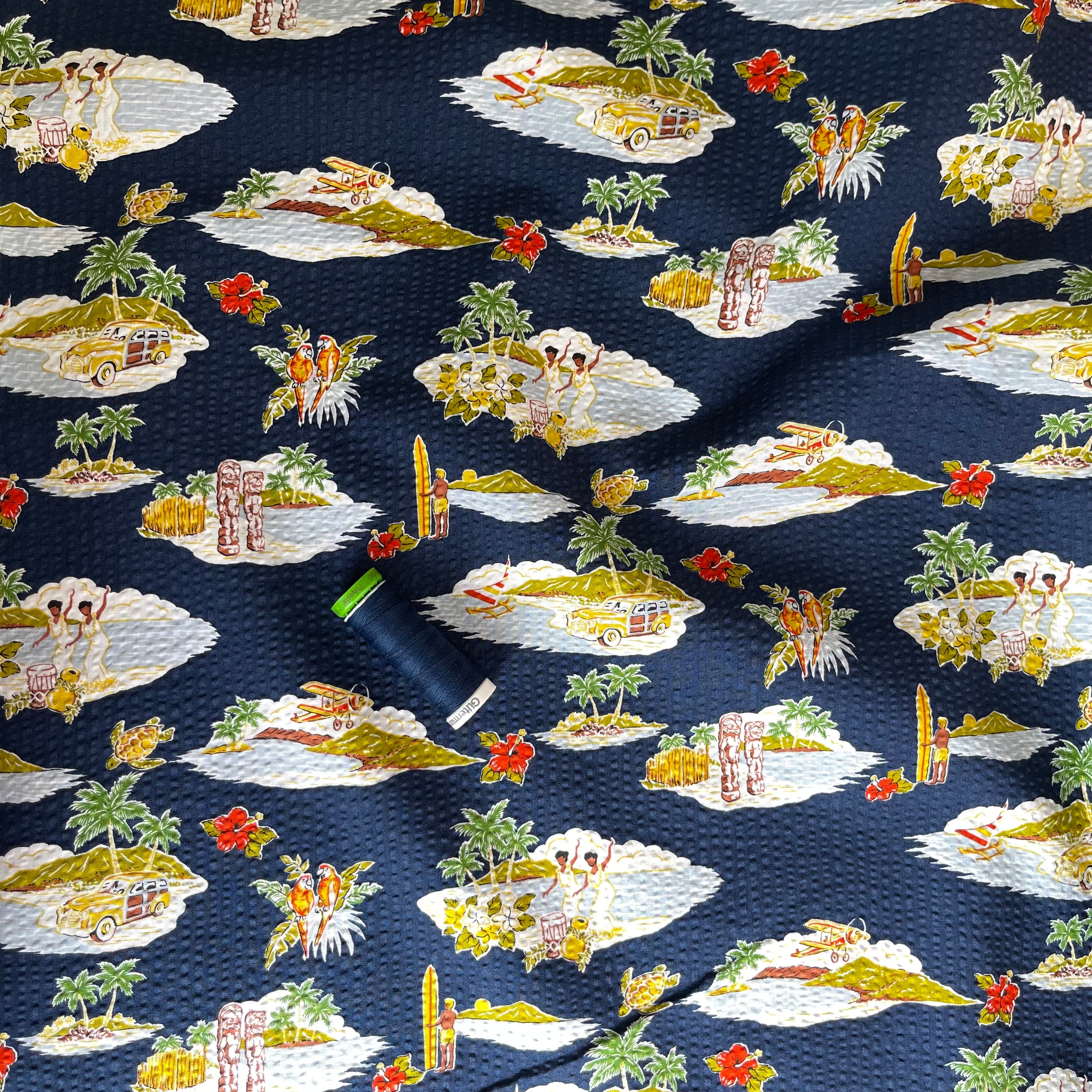Paradise Islands on Navy Cotton Seersucker Fabric