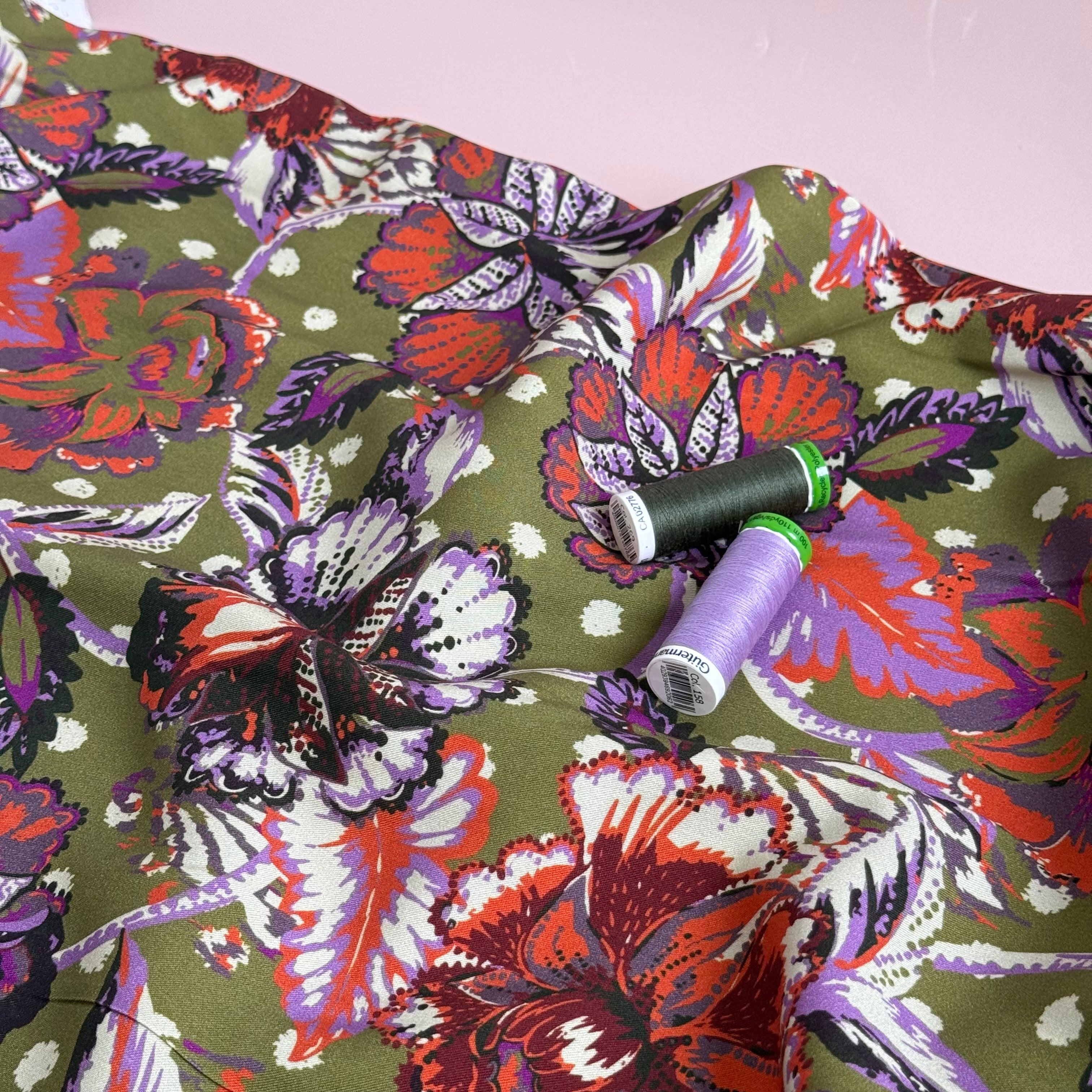 Paisley Flowers Khaki Viscose Twill with LENZING™ ECOVERO™ fibres