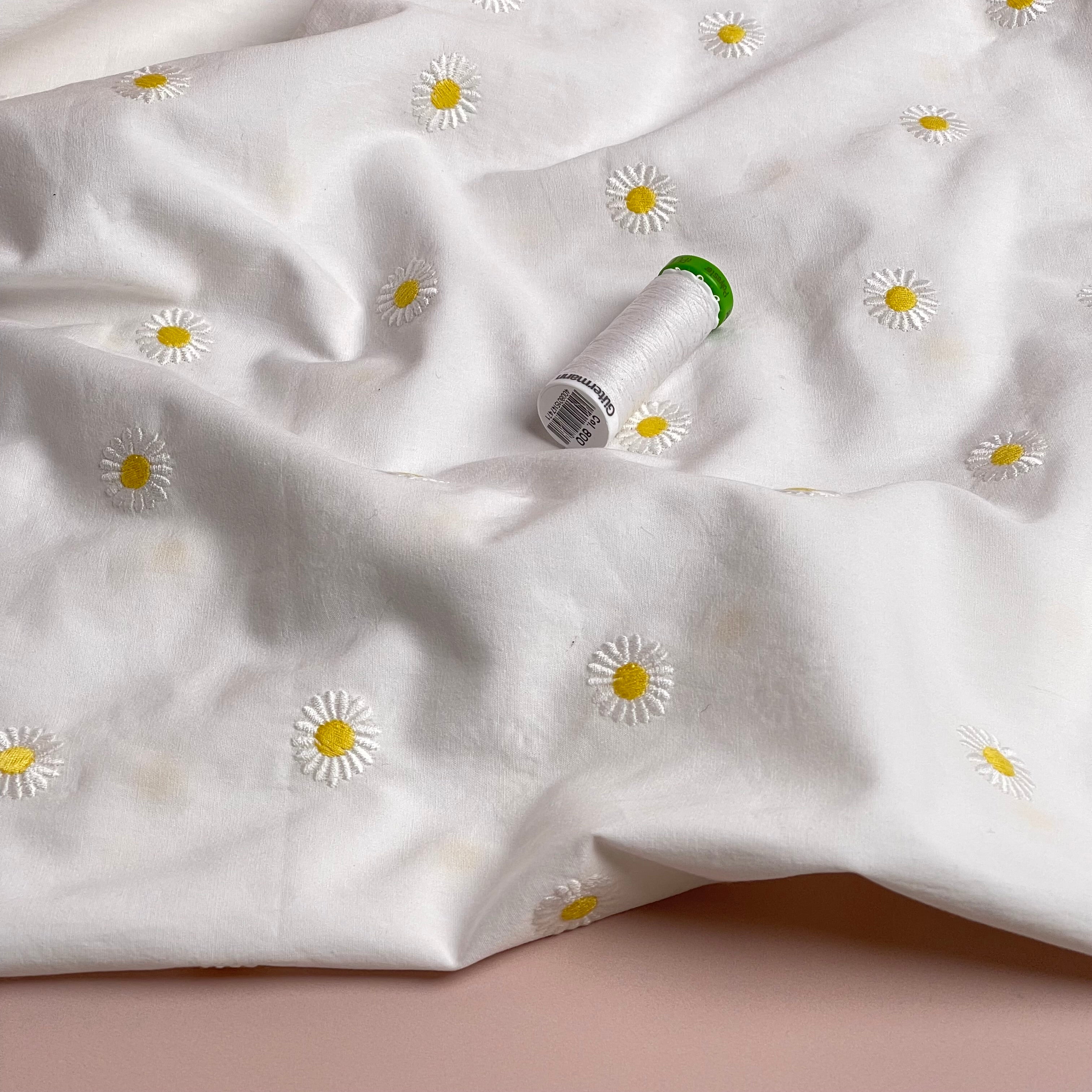 Embroidered Daisies on White Cotton Poplin