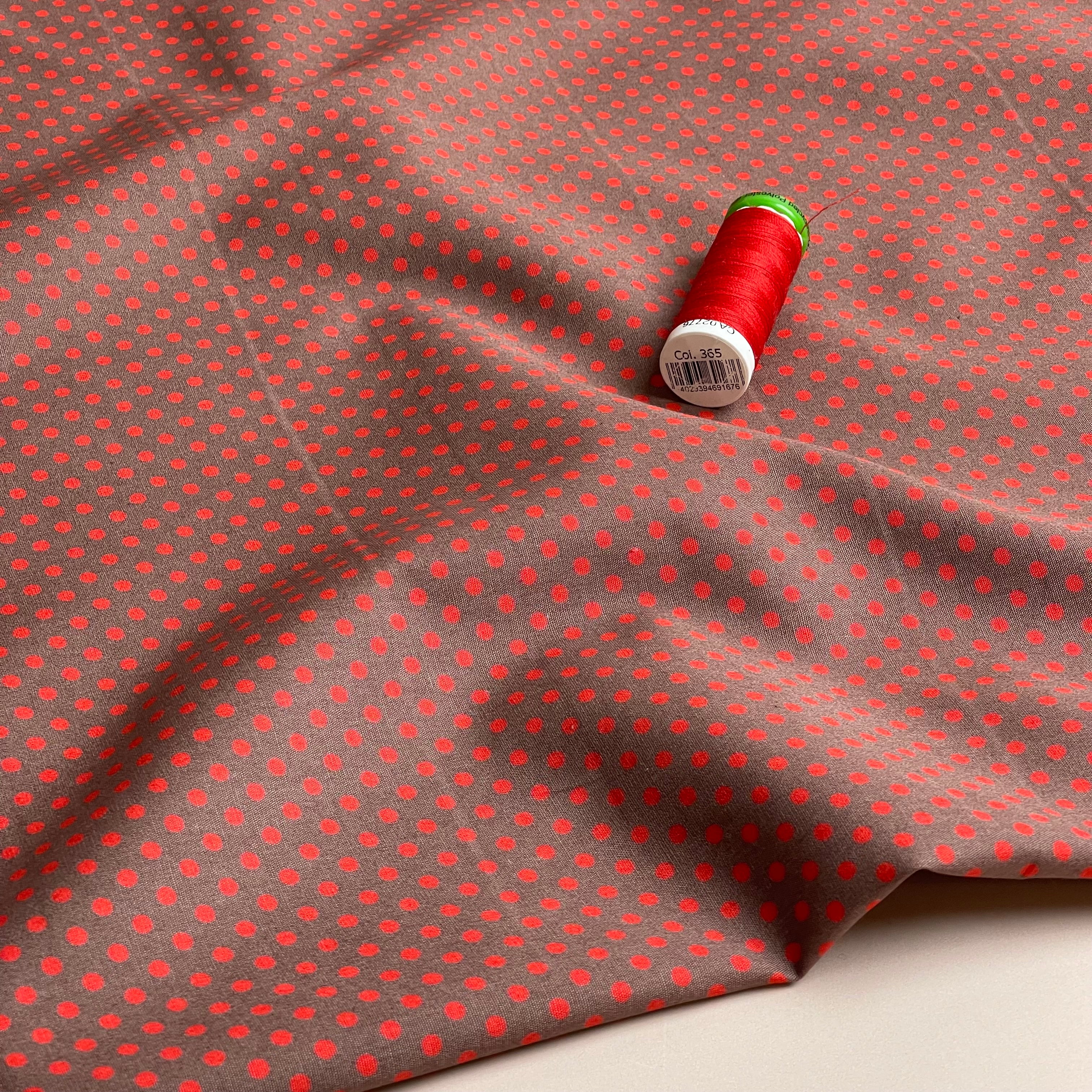 Red Polka Dots on Brown Cotton Poplin Fabric