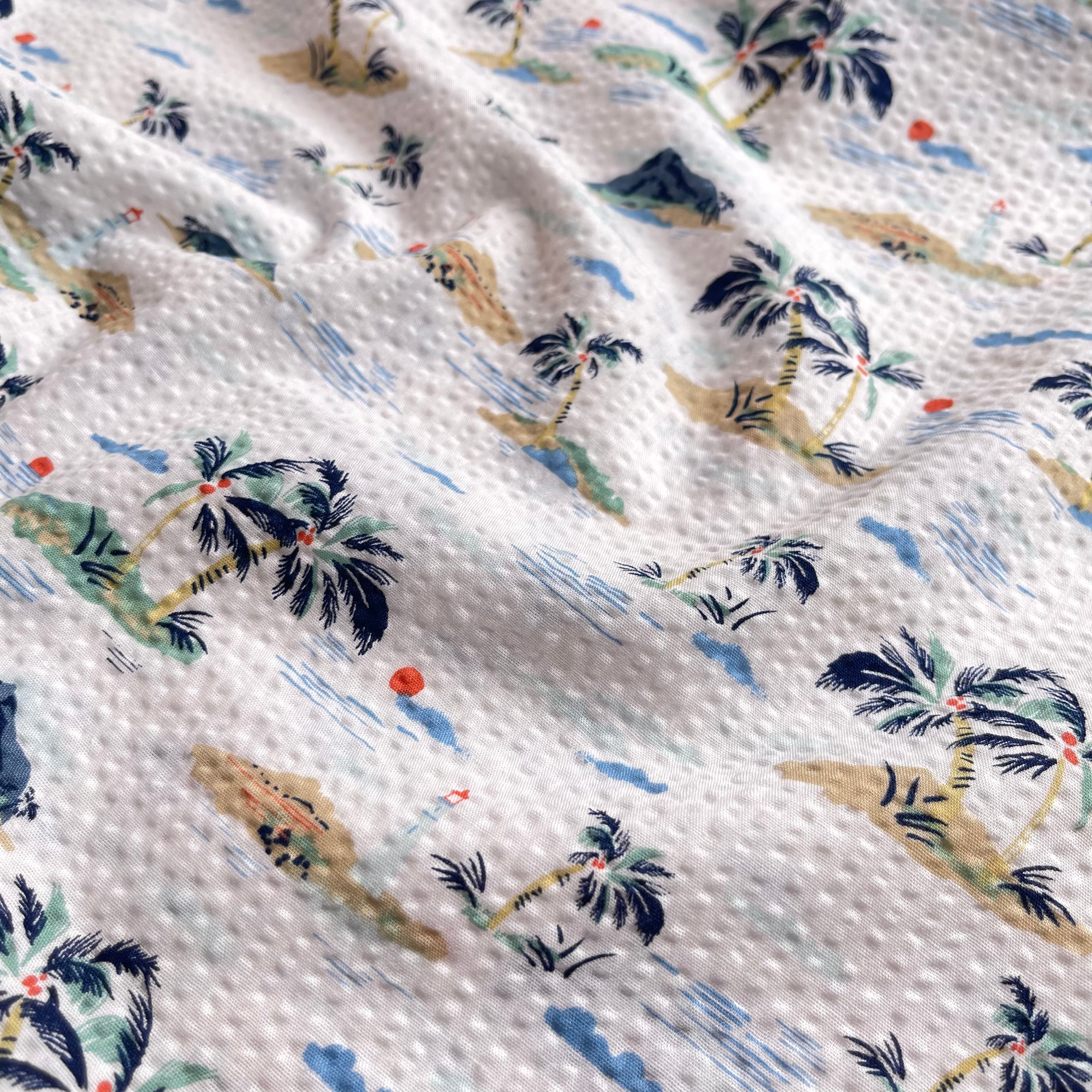 REMNANT 0.56 Metre - Holiday Islands on White Cotton Seersucker Fabric
