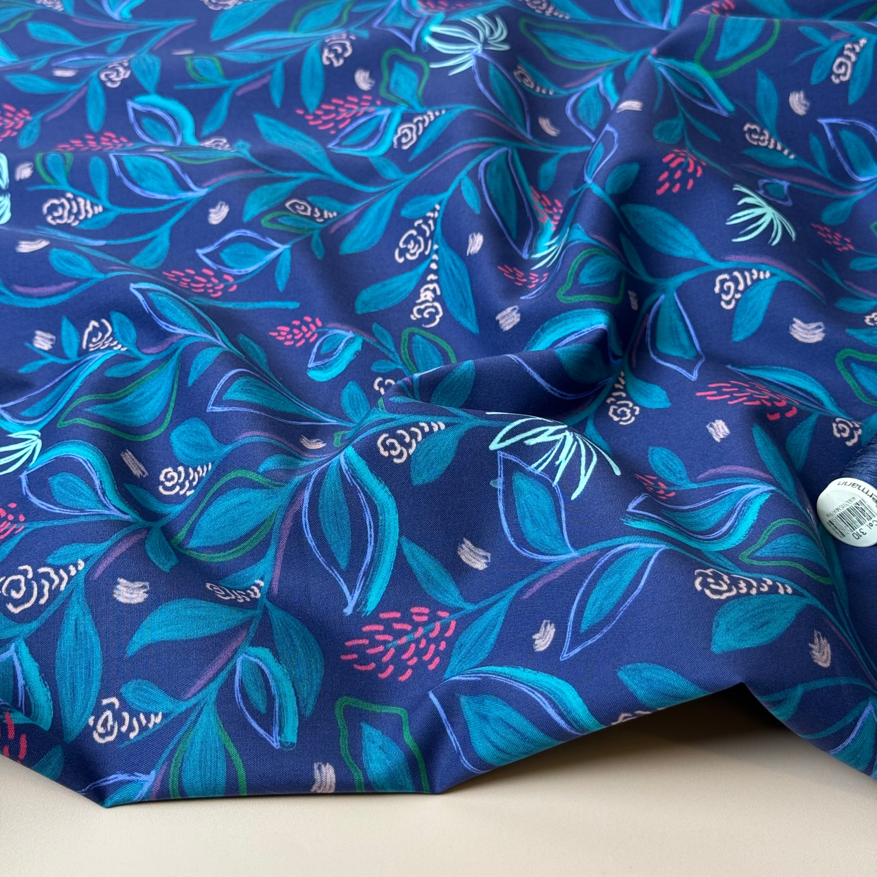 Flowering Branches in Blue Fine Cotton Poplin Fabric