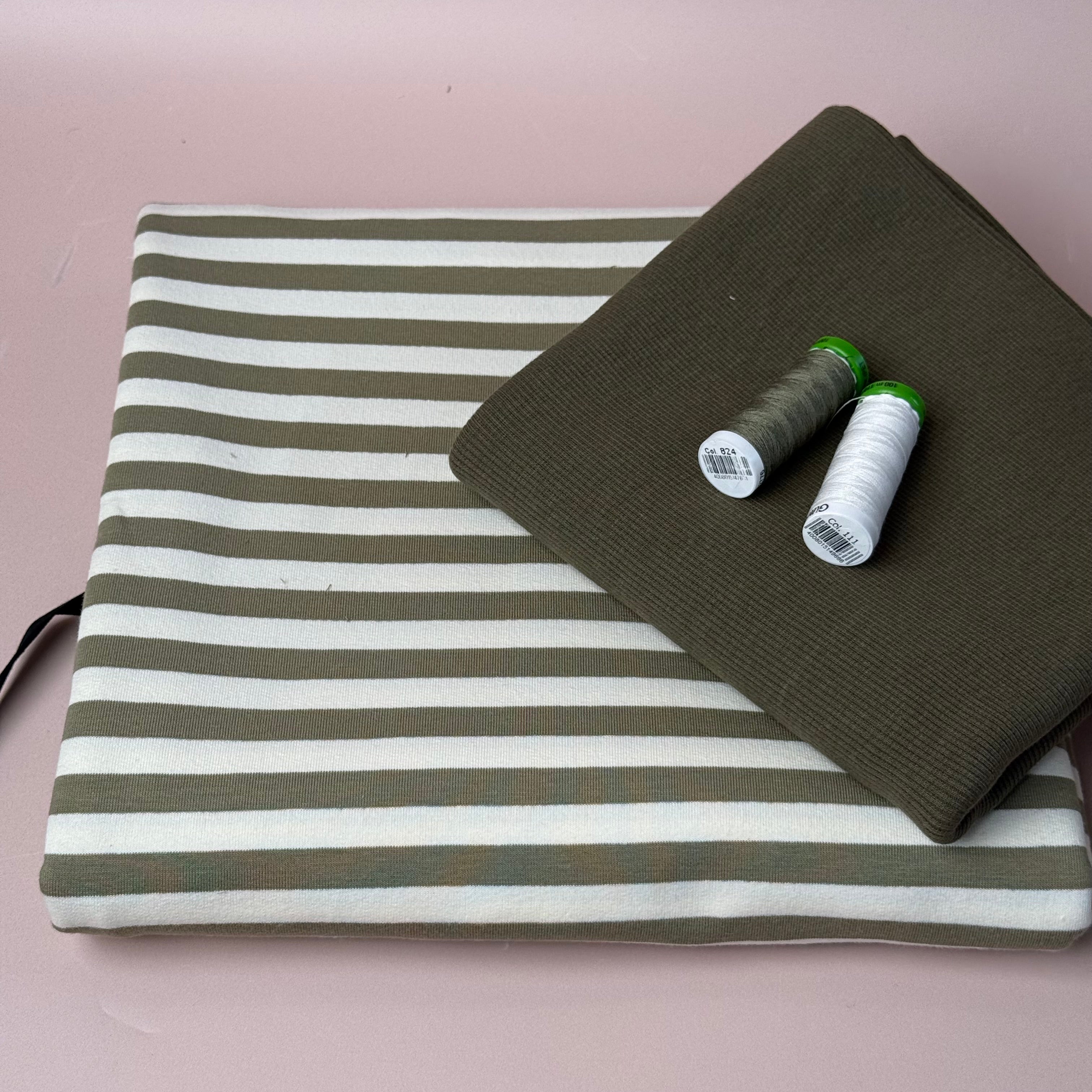 Colour Bundles - Tea Green Stripe Cotton French Terry & Ribbing