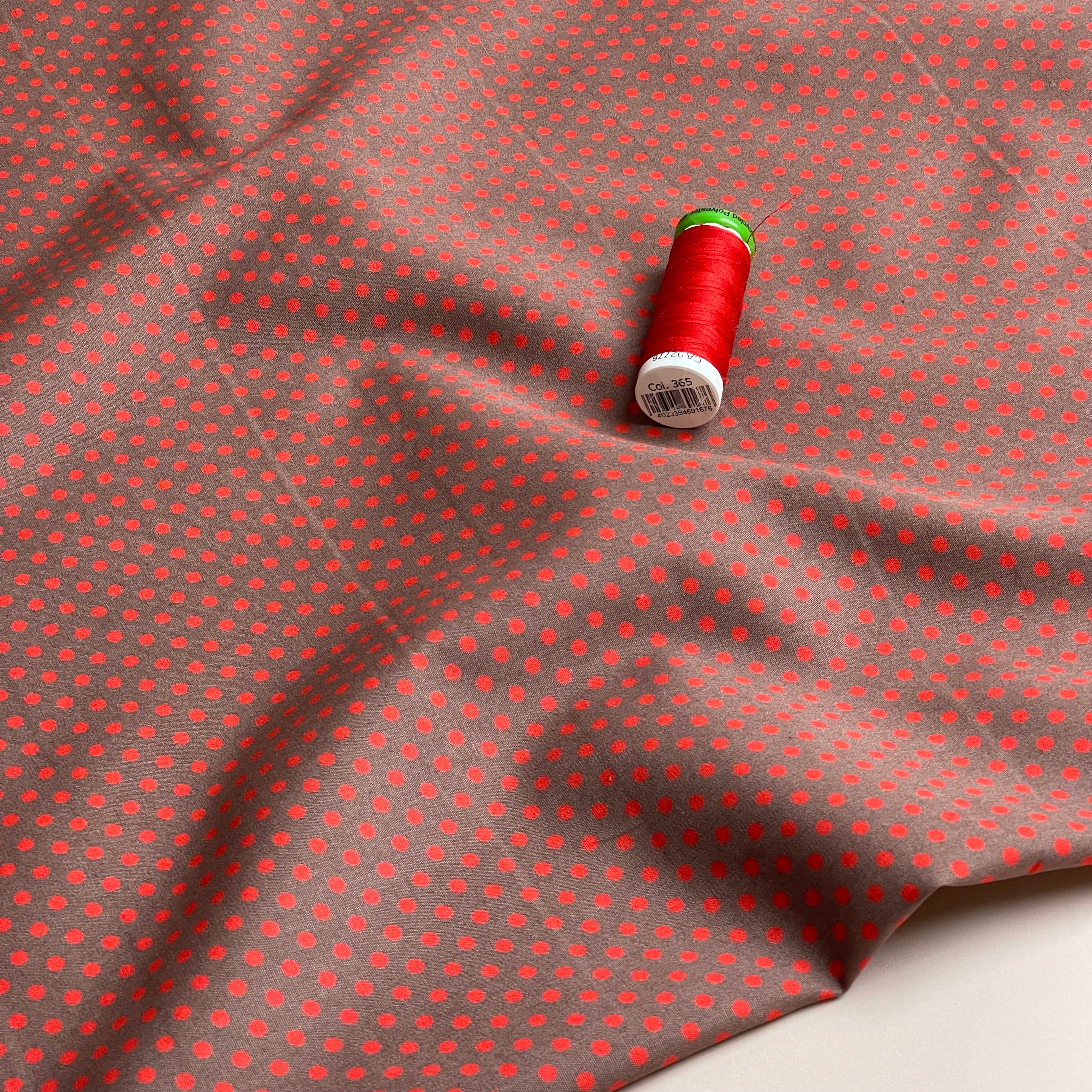 Red Polka Dots on Brown Cotton Poplin Fabric