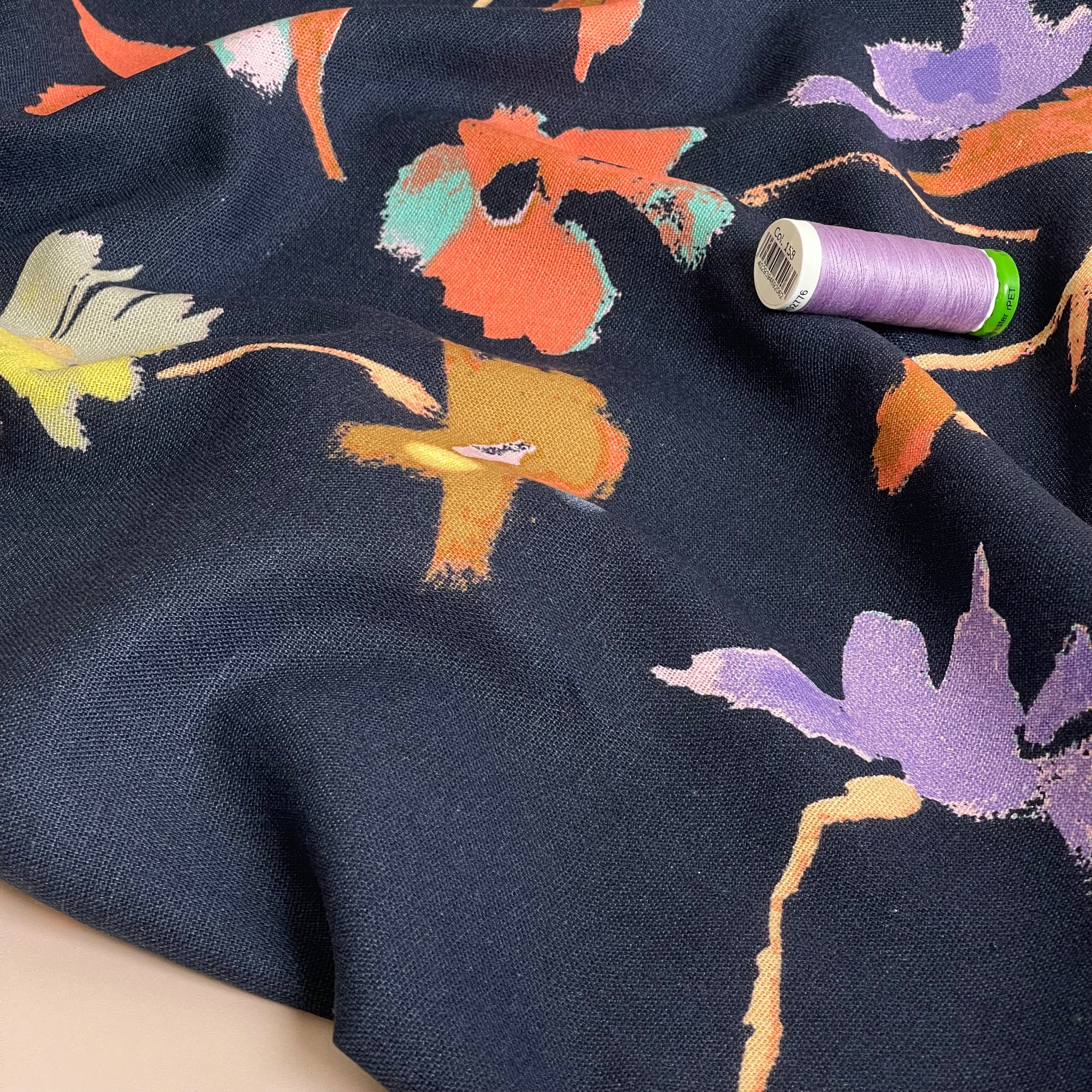 Abstract Blooms on Navy Viscose Linen Fabric