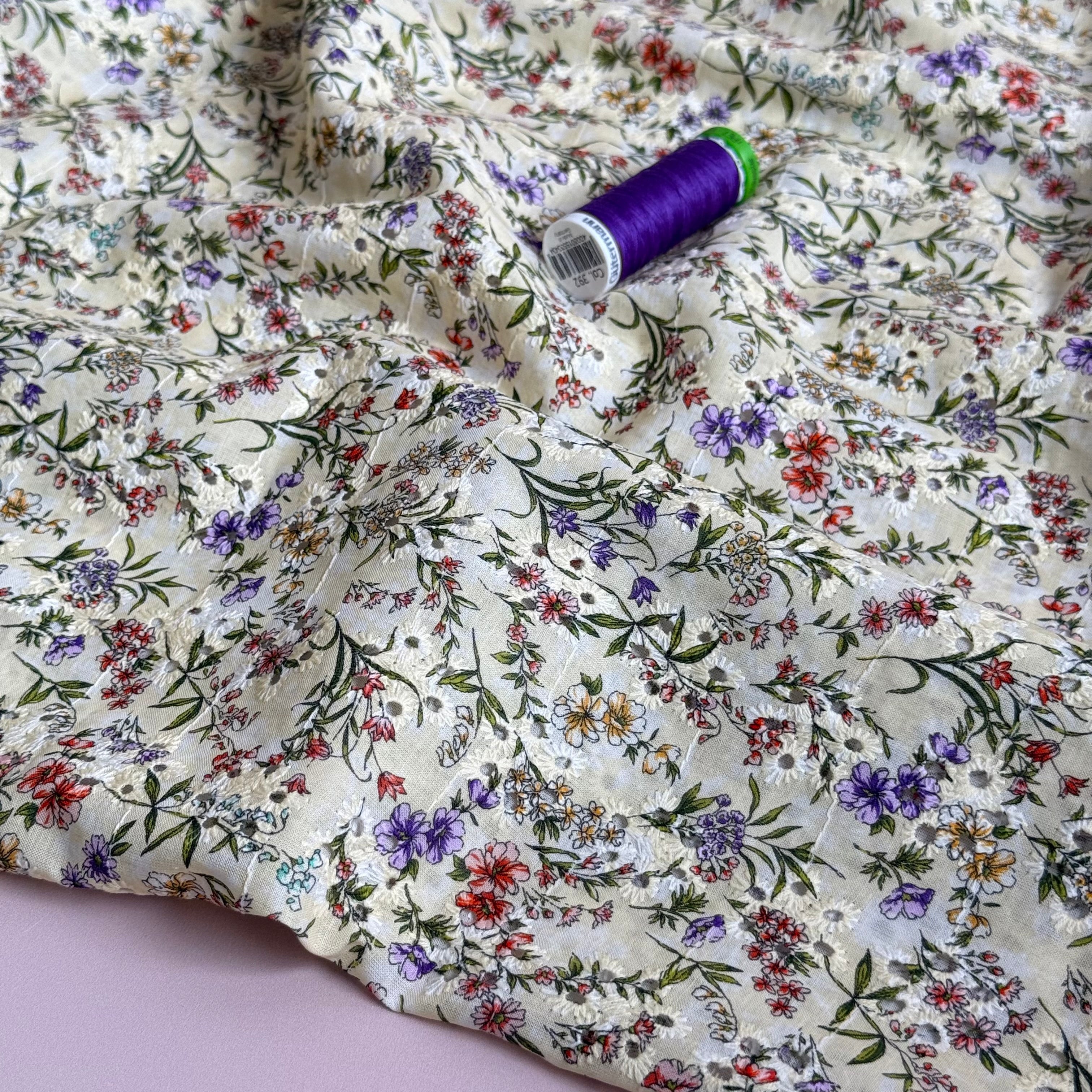 Ditsy Meadow on Embroidered Cotton Voile Fabric
