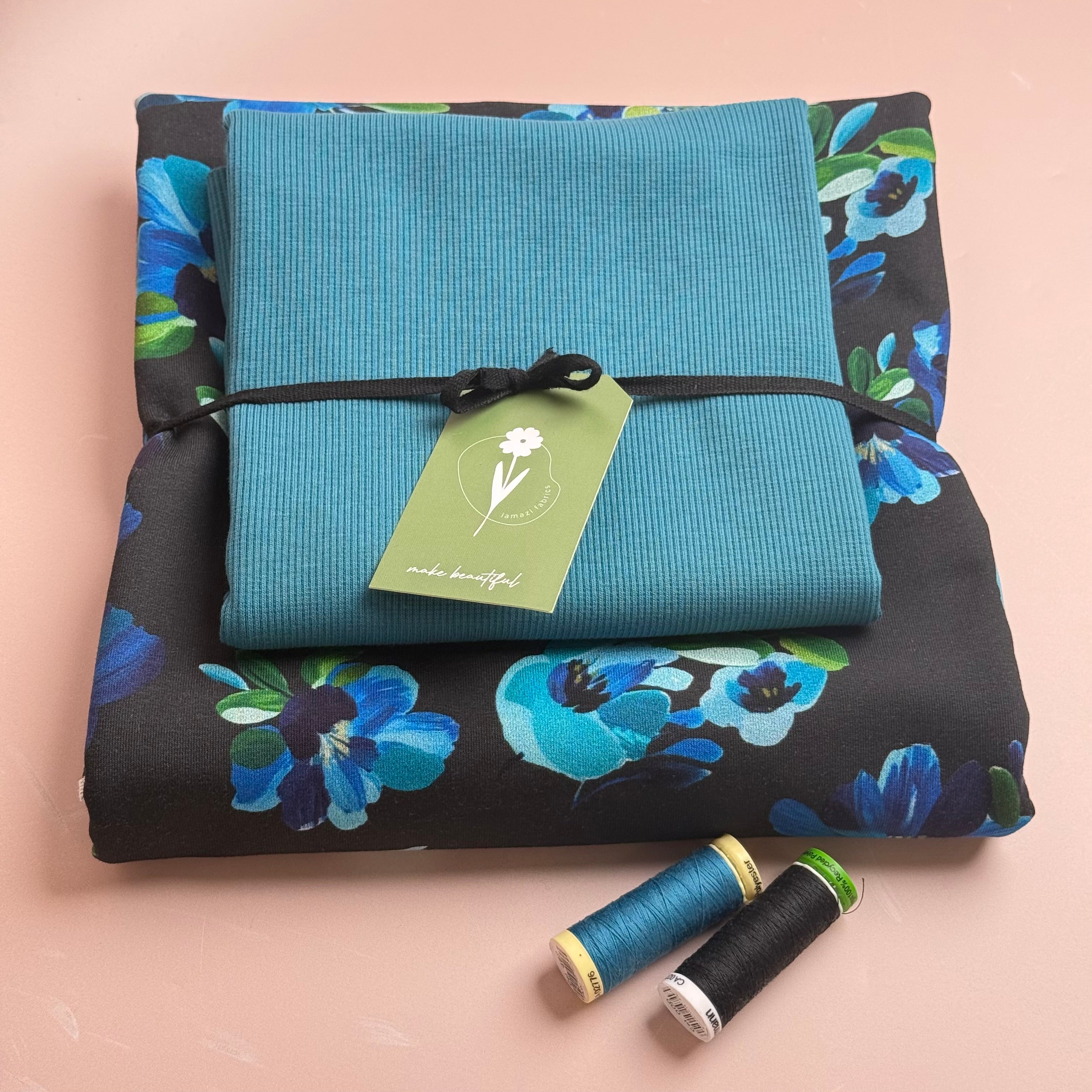 Colour Bundles - Painted Petals Black Cotton French Terry & Matching Ribbing
