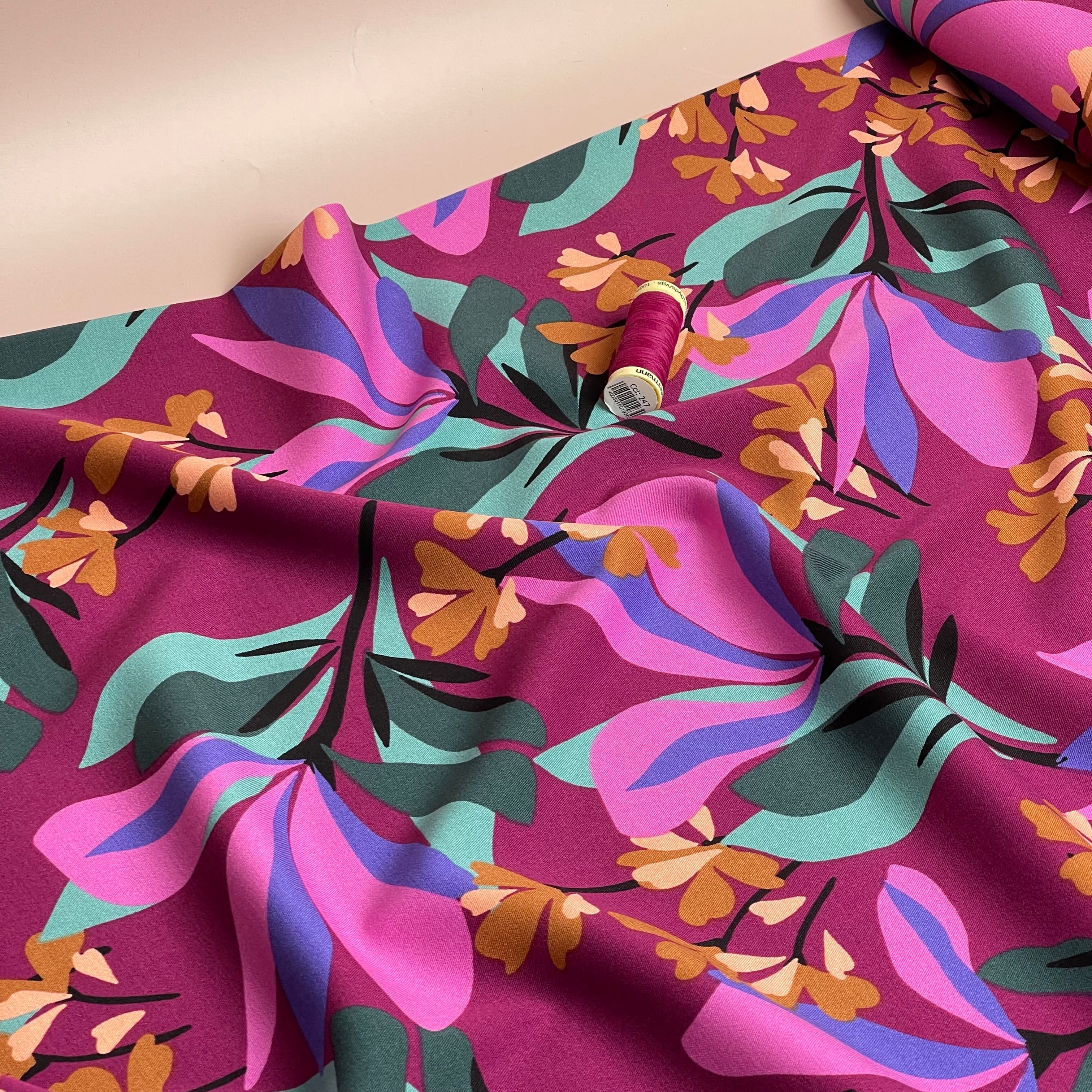 REMNANT 1.66 Metres - Nerida Hansen - Rosella Spring Garden on Plum Stretch Viscose Twill Fabric