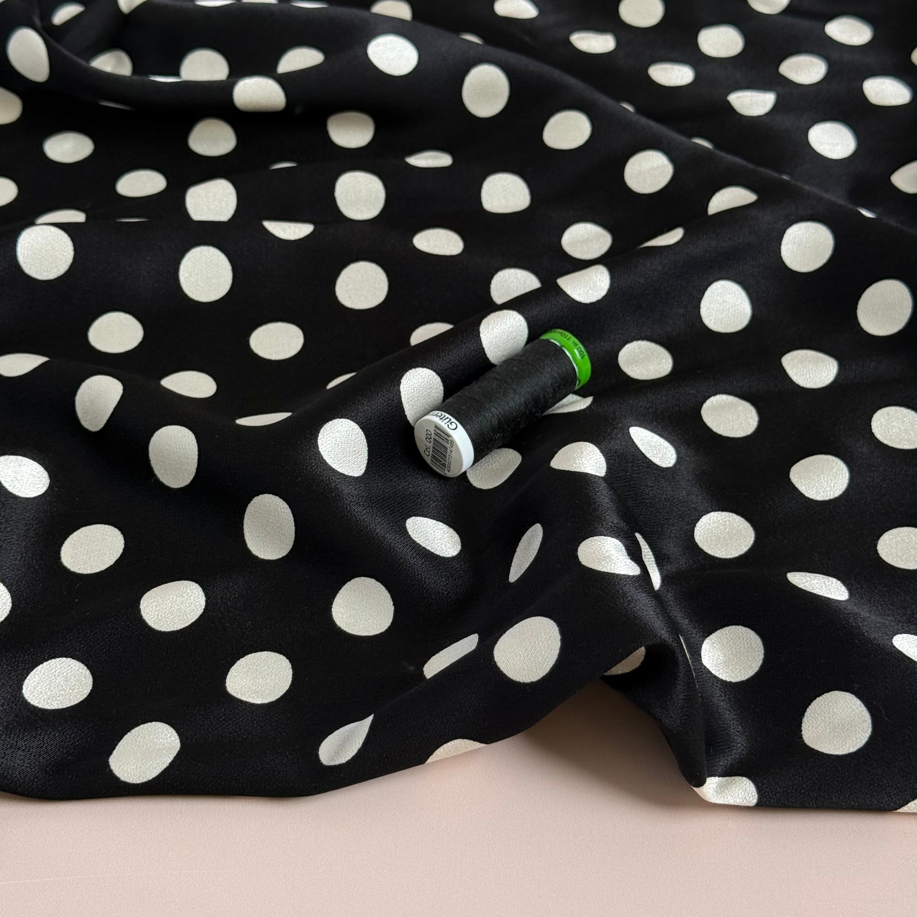 Polka White on Black Spun Viscose Sateen Fabric